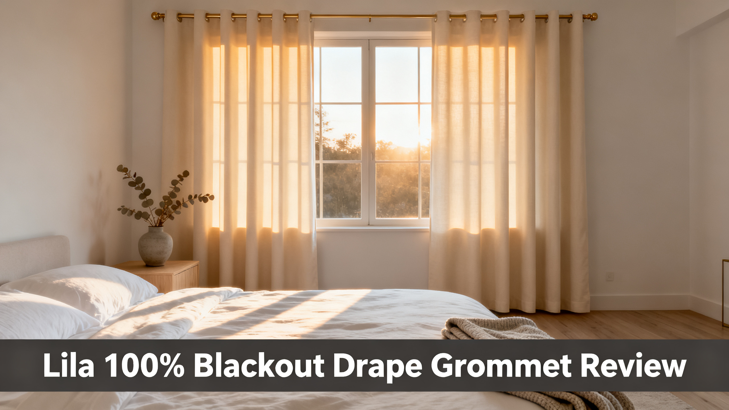 Scandinavian-modern interior at golden hour with window treatment, neutral palette, editorial home photography for Lila 100% Blackout Drape Grommet Review