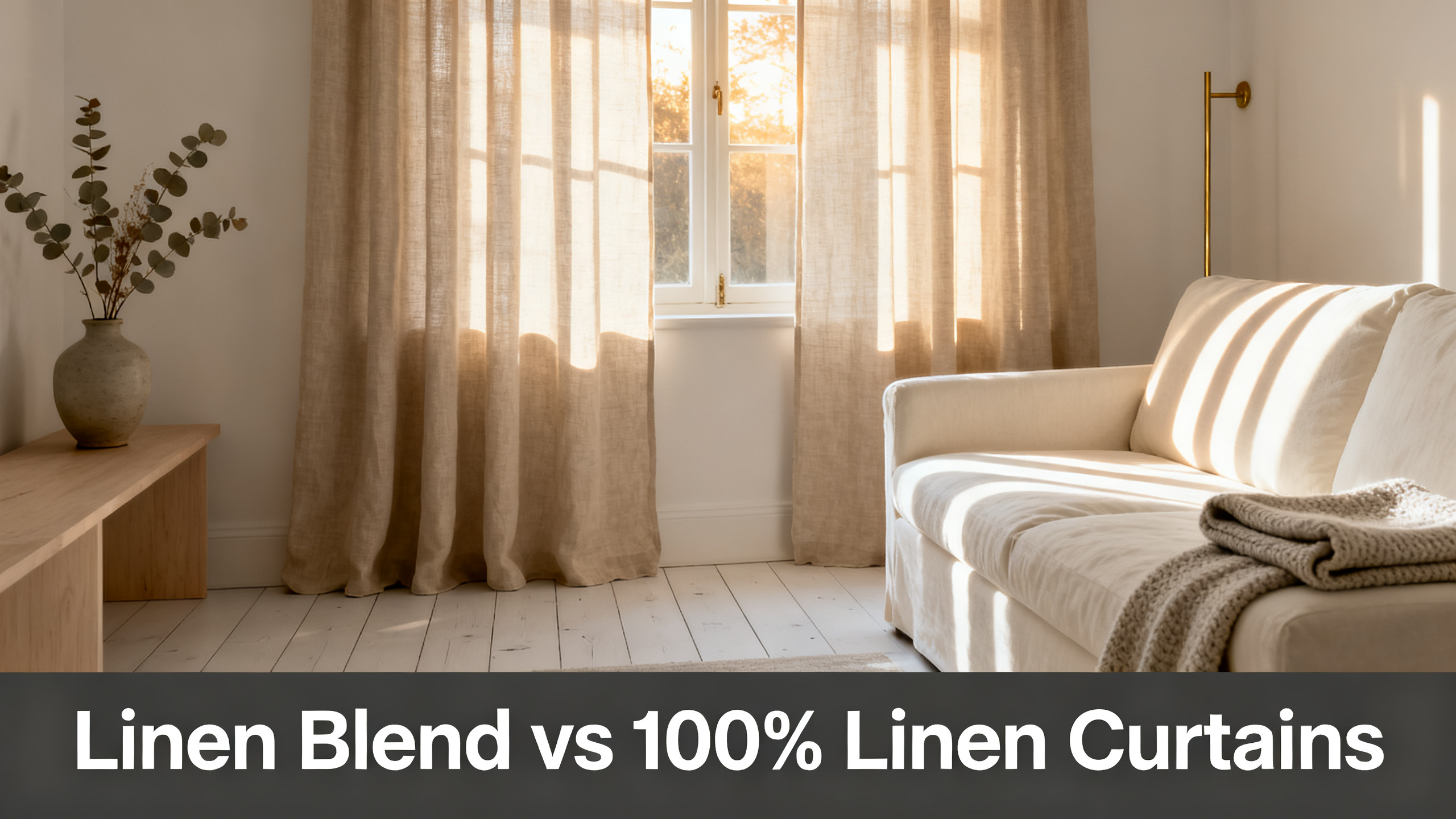 Scandinavian-modern interior at golden hour with window treatment, neutral palette, editorial home photography for Linen Blend vs 100% Linen Curtains