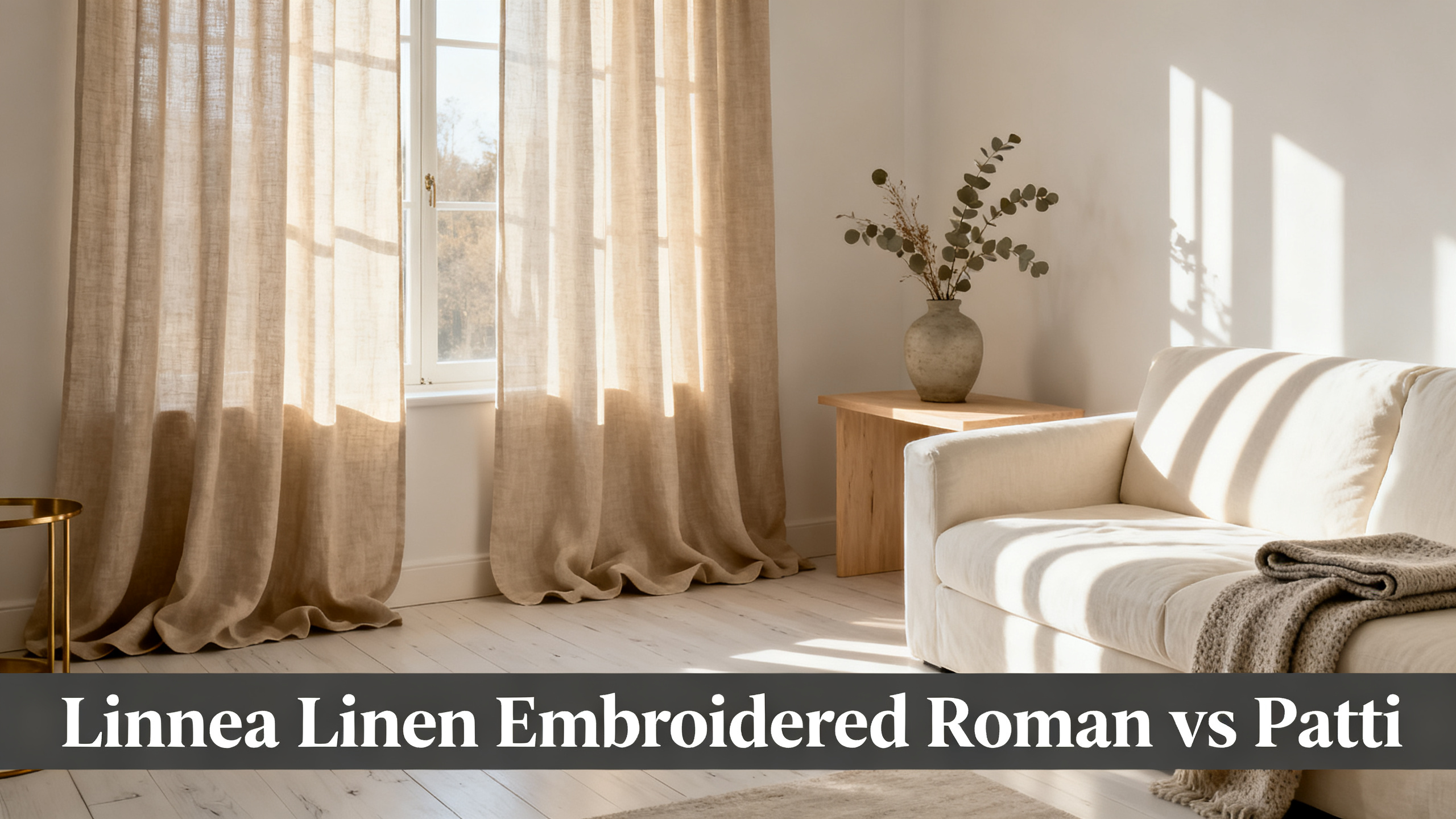 Scandinavian-modern interior at golden hour with window treatment, neutral palette, editorial home photography for Linnea Linen Embroidered Roman vs Patti