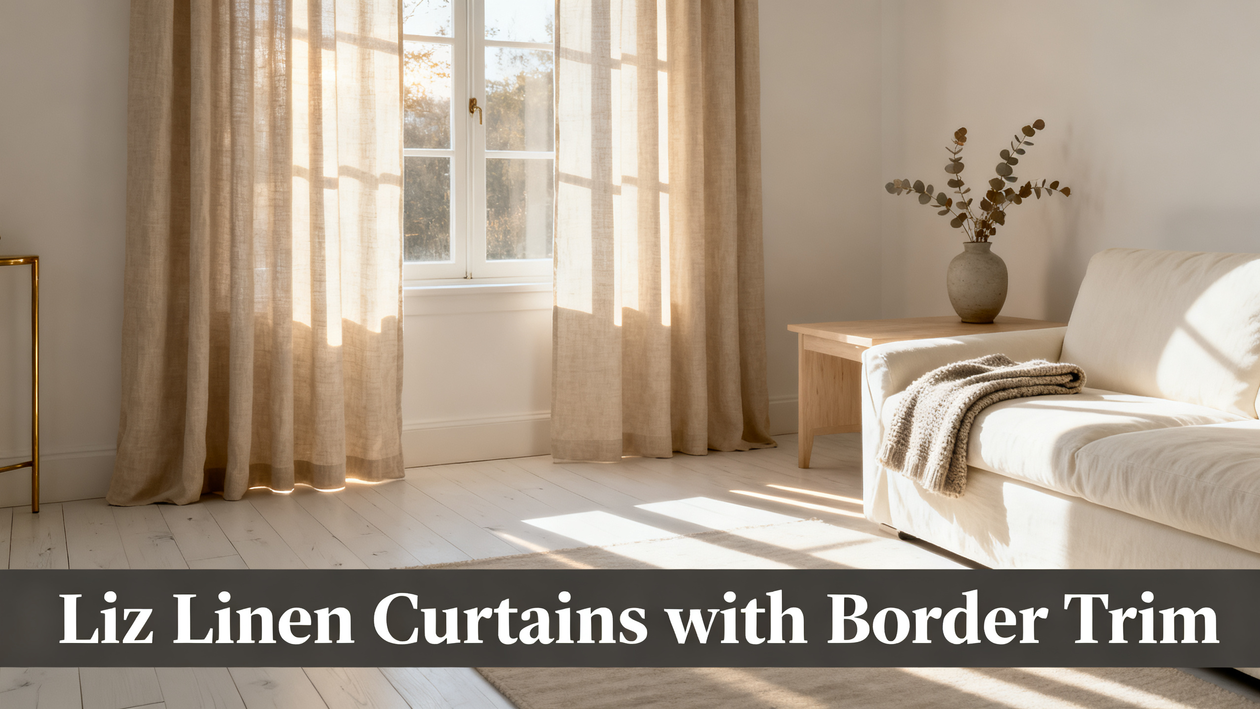 Scandinavian-modern interior at golden hour with window treatment, neutral palette, editorial home photography for Liz Linen Curtains with Border Trim
