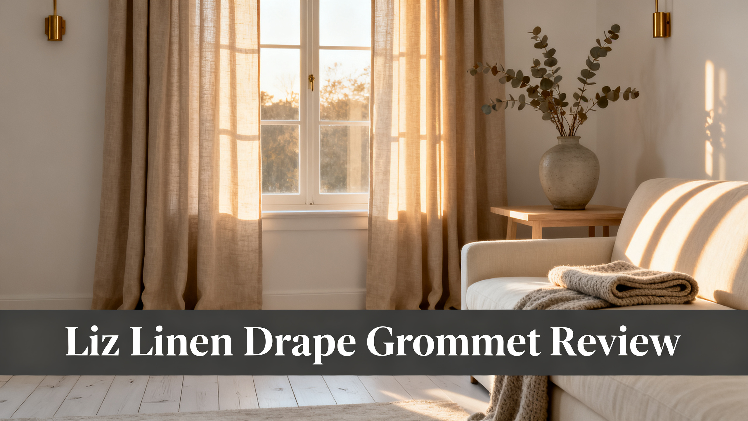 Scandinavian-modern interior at golden hour with window treatment, neutral palette, editorial home photography for Liz Linen Drape Grommet Review