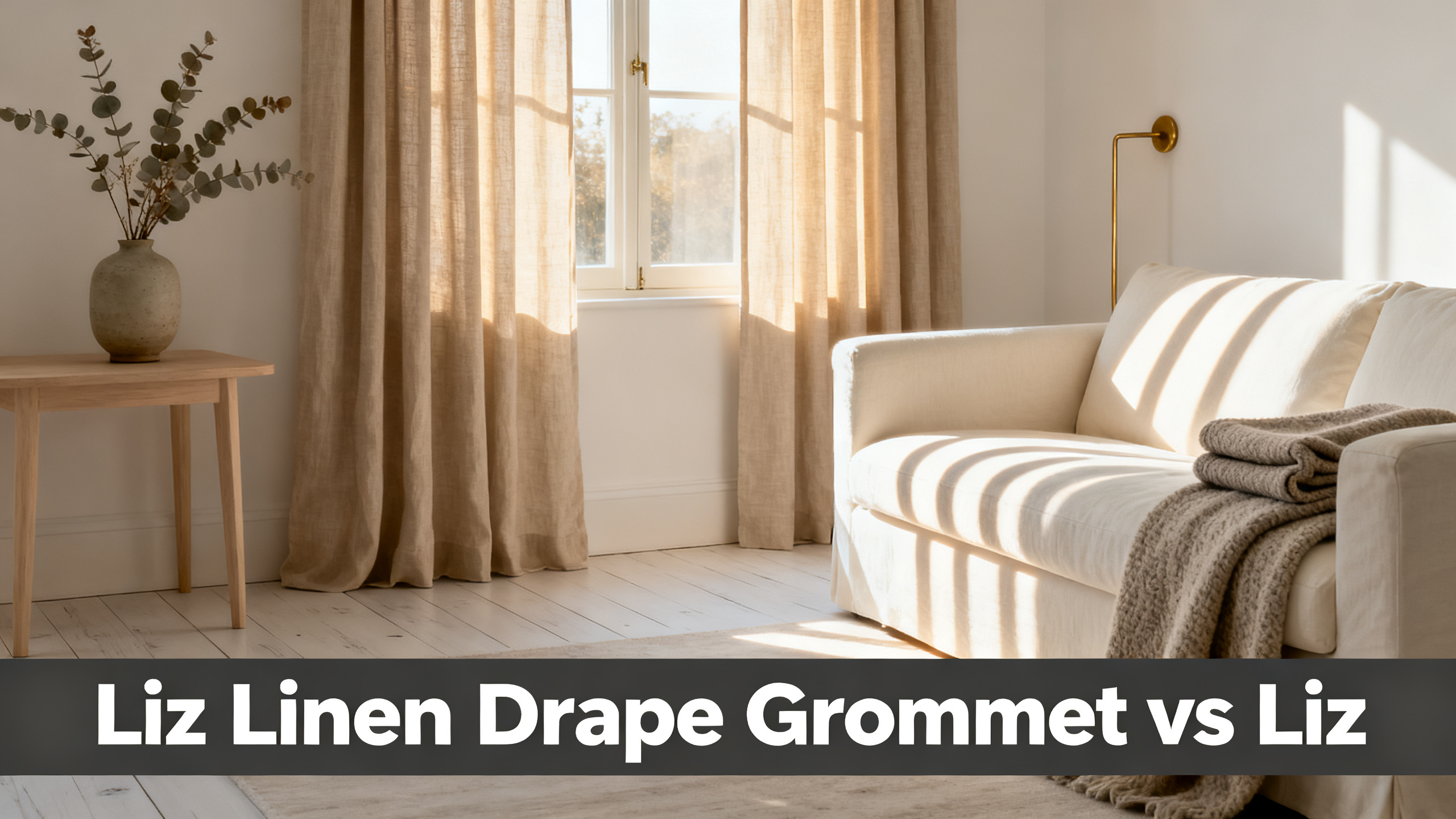 Scandinavian-modern interior at golden hour with window treatment, neutral palette, editorial home photography for Liz Linen Drape Grommet vs Liz