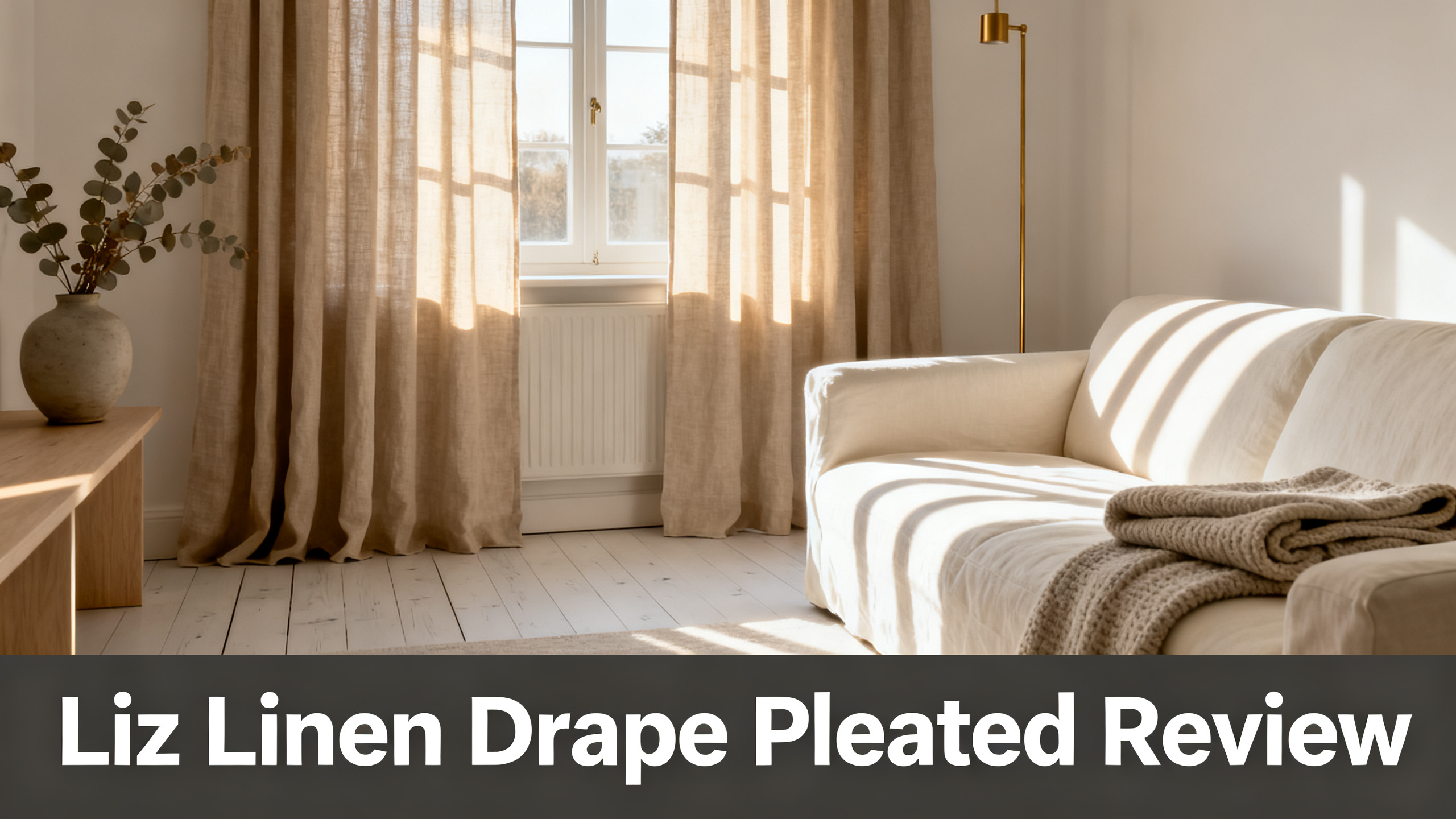 Scandinavian-modern interior at golden hour with window treatment, neutral palette, editorial home photography for Liz Linen Drape Pleated Review