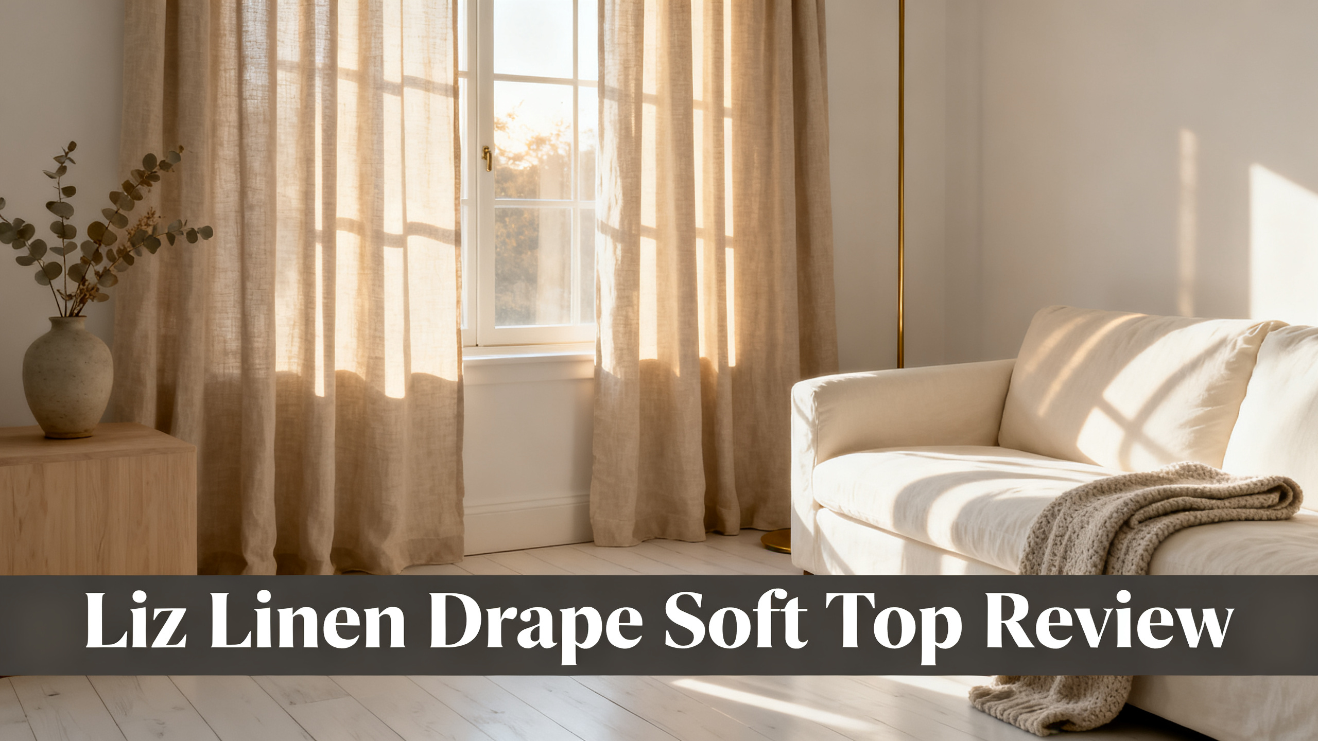 Scandinavian-modern interior at golden hour with window treatment, neutral palette, editorial home photography for Liz Linen Drape Soft Top Review