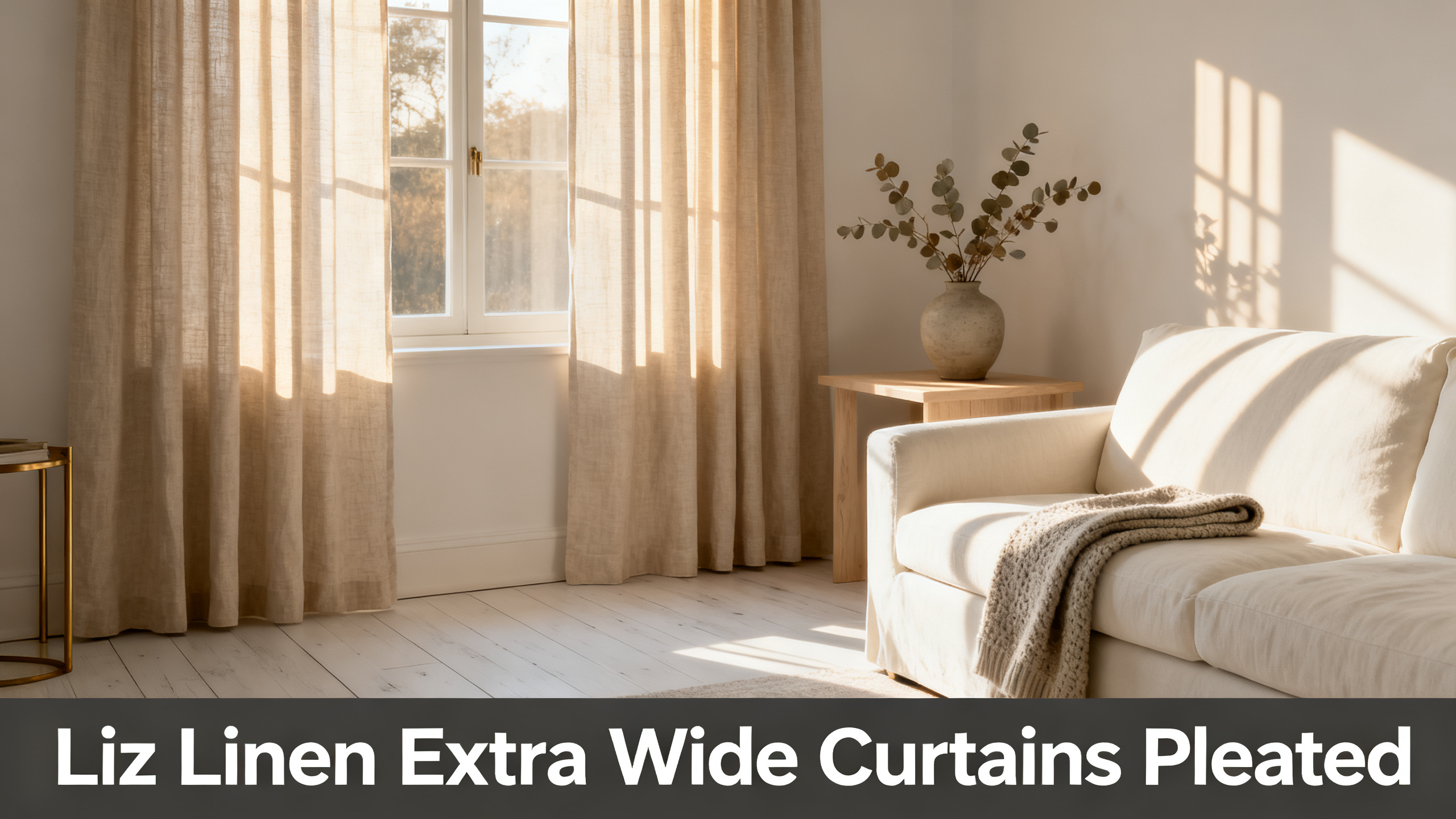 Scandinavian-modern interior at golden hour with window treatment, neutral palette, editorial home photography for Liz Linen Extra Wide Curtains Pleated