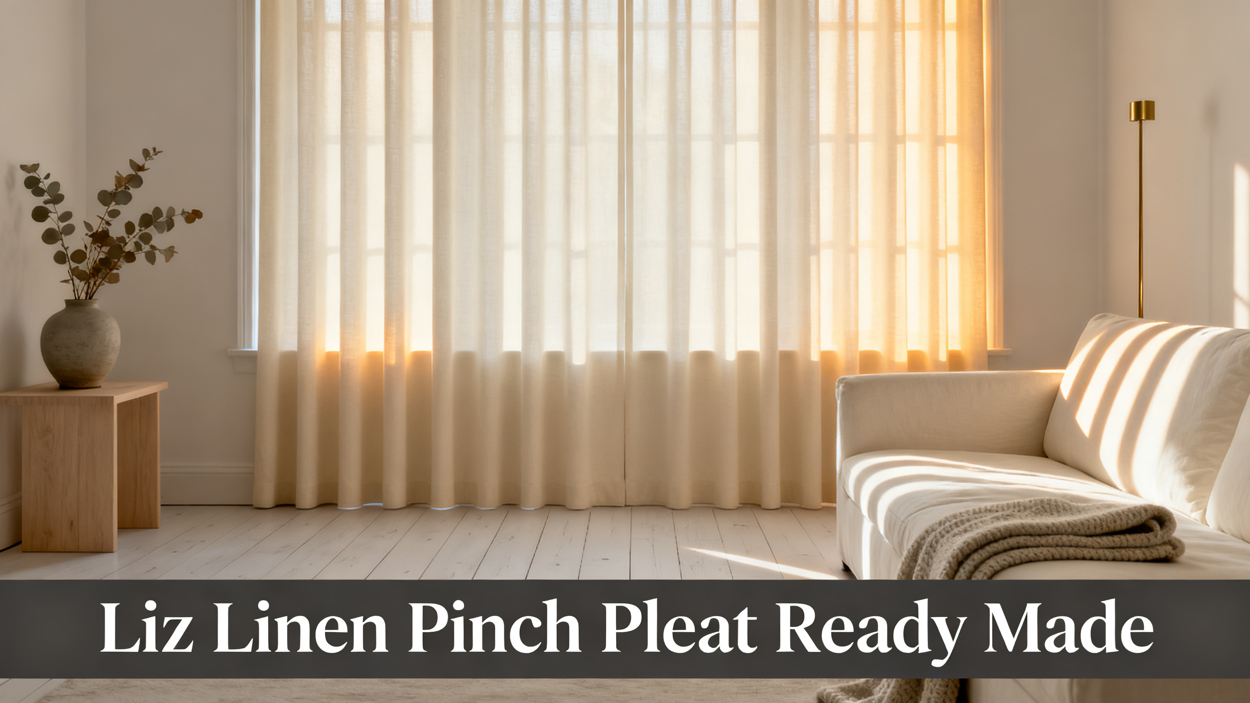 Scandinavian-modern interior at golden hour with window treatment, neutral palette, editorial home photography for Liz Linen Pinch Pleat Ready Made