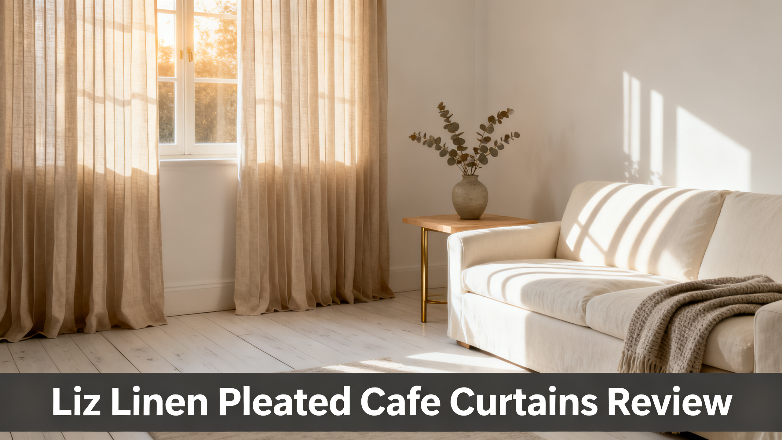 Scandinavian-modern interior at golden hour with window treatment, neutral palette, editorial home photography for Liz Linen Pleated Cafe Curtains Review