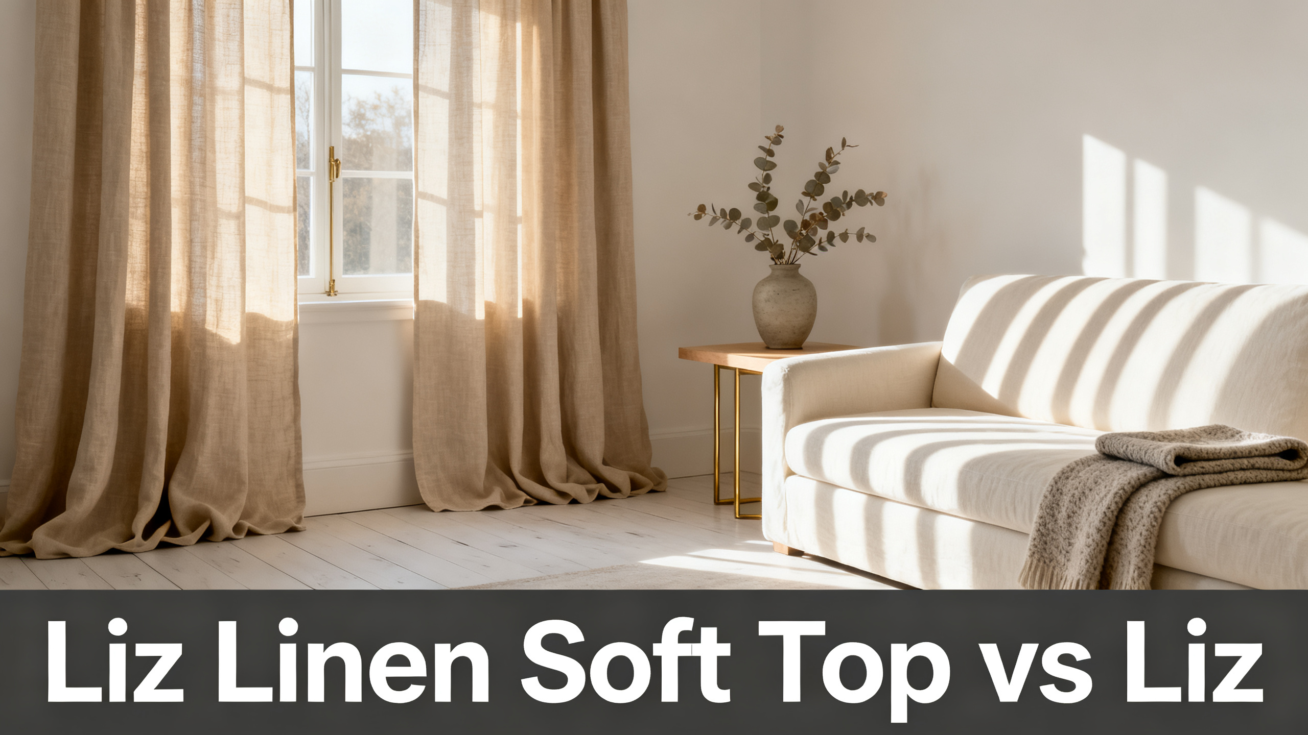 Scandinavian-modern interior at golden hour with window treatment, neutral palette, editorial home photography for Liz Linen Soft Top vs Liz
