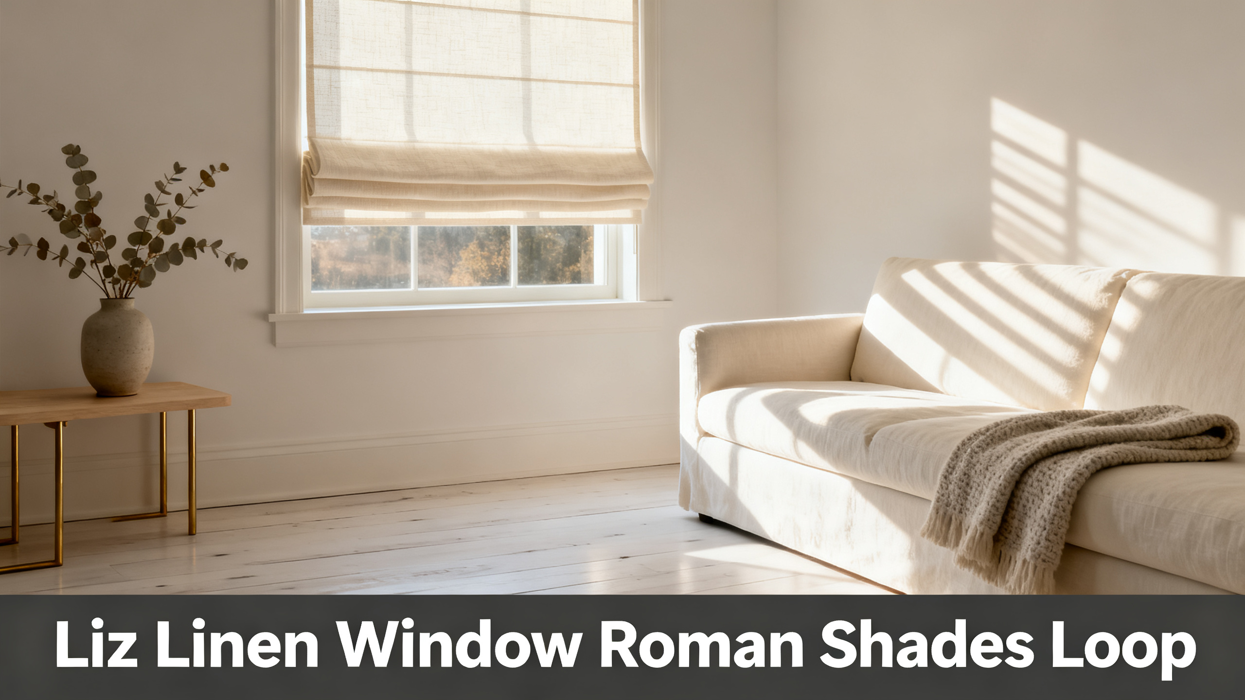 Scandinavian-modern interior at golden hour with window treatment, neutral palette, editorial home photography for Liz Linen Window Roman Shades Loop