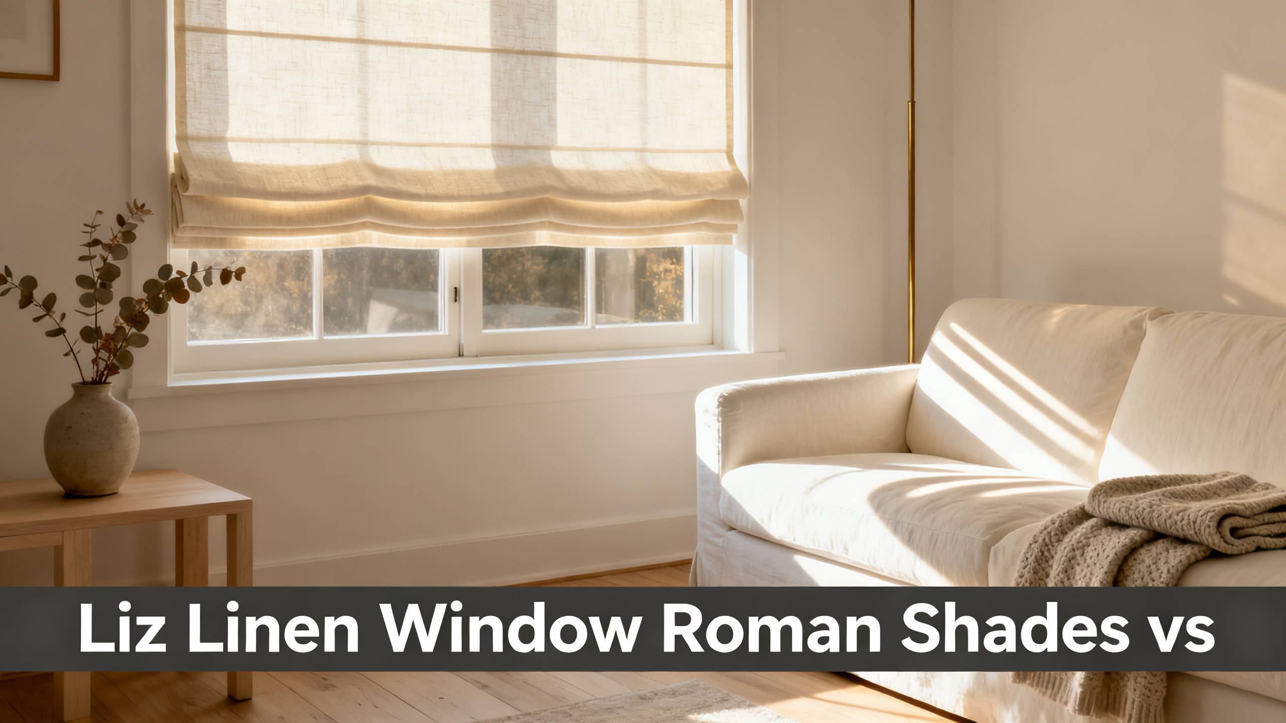 Scandinavian-modern interior at golden hour with window treatment, neutral palette, editorial home photography for Liz Linen Window Roman Shades vs