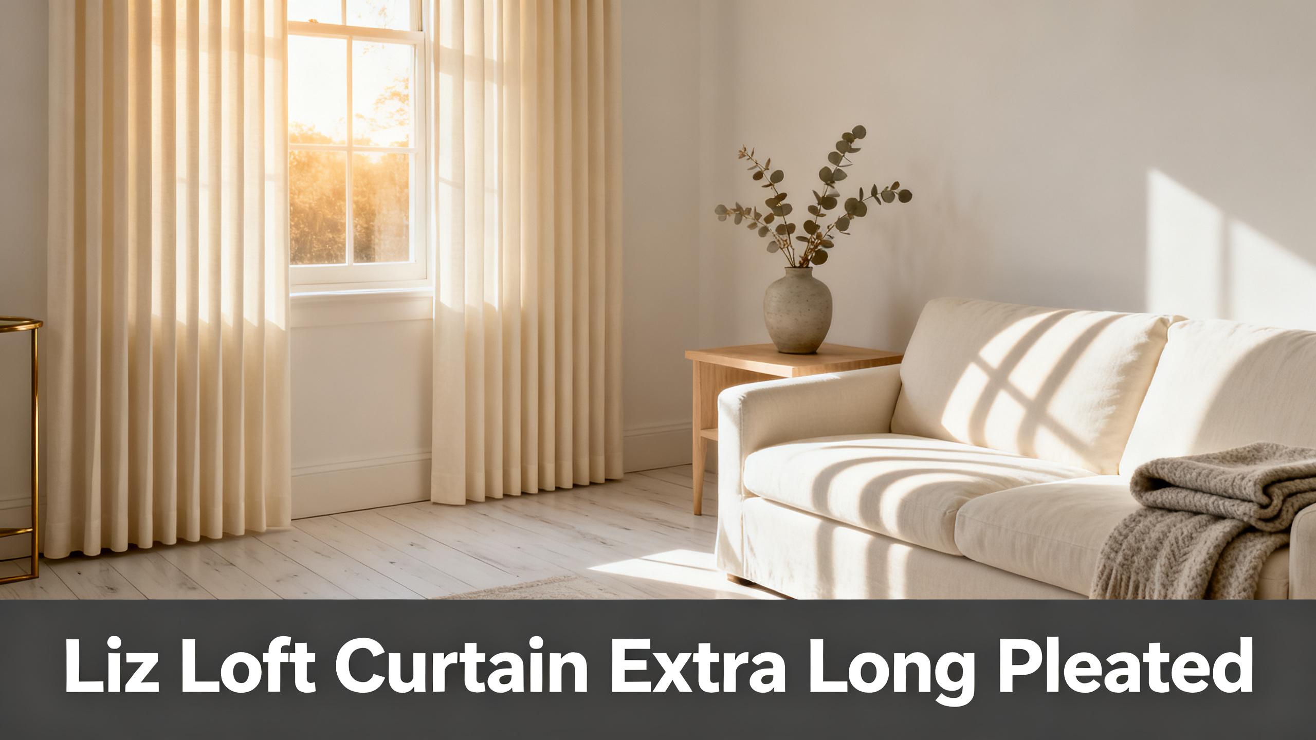 Scandinavian-modern interior at golden hour with window treatment, neutral palette, editorial home photography for Liz Loft Curtain Extra Long Pleated