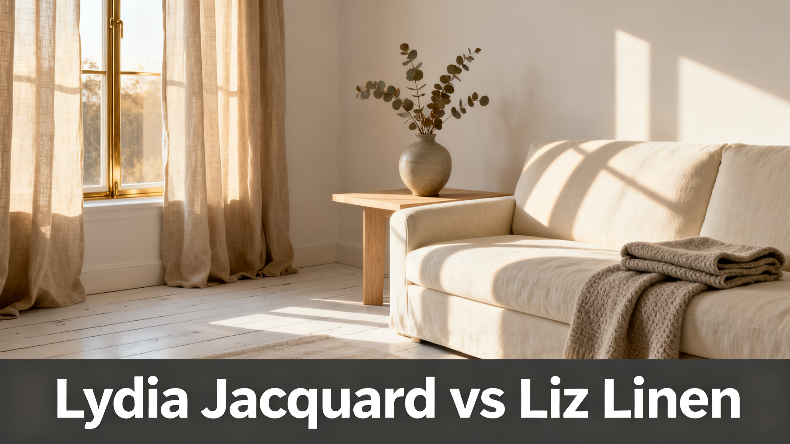 Scandinavian-modern interior at golden hour with window treatment, neutral palette, editorial home photography for Lydia Jacquard vs Liz Linen