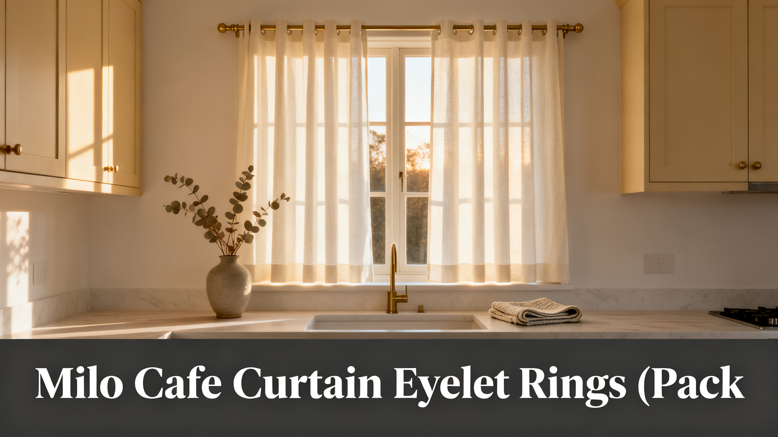 Scandinavian-modern interior at golden hour with window treatment, neutral palette, editorial home photography for Milo Cafe Curtain Eyelet Rings (Pack
