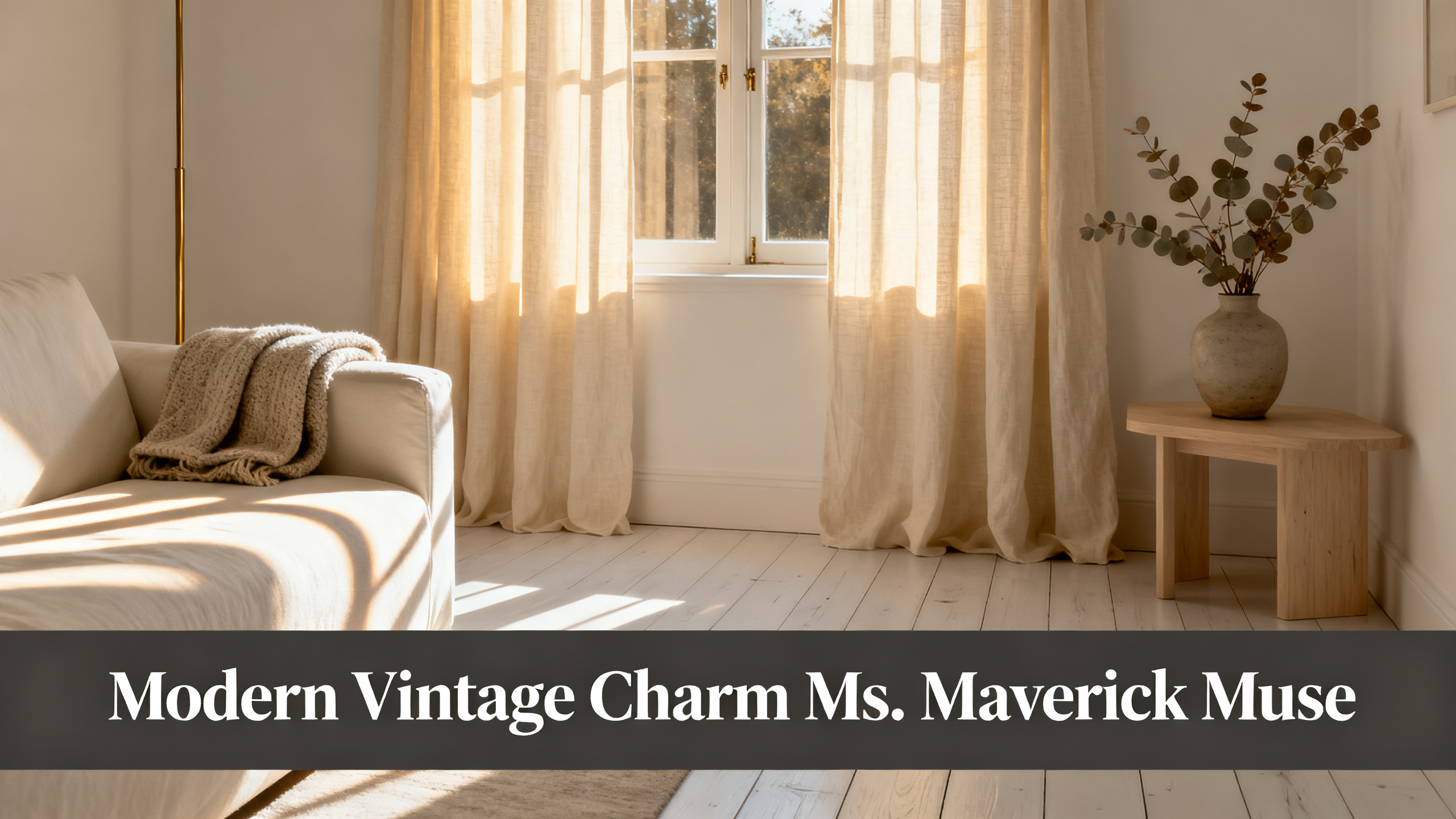 Scandinavian-modern interior at golden hour with window treatment, neutral palette, editorial home photography for Modern Vintage Charm Ms. Maverick Muse