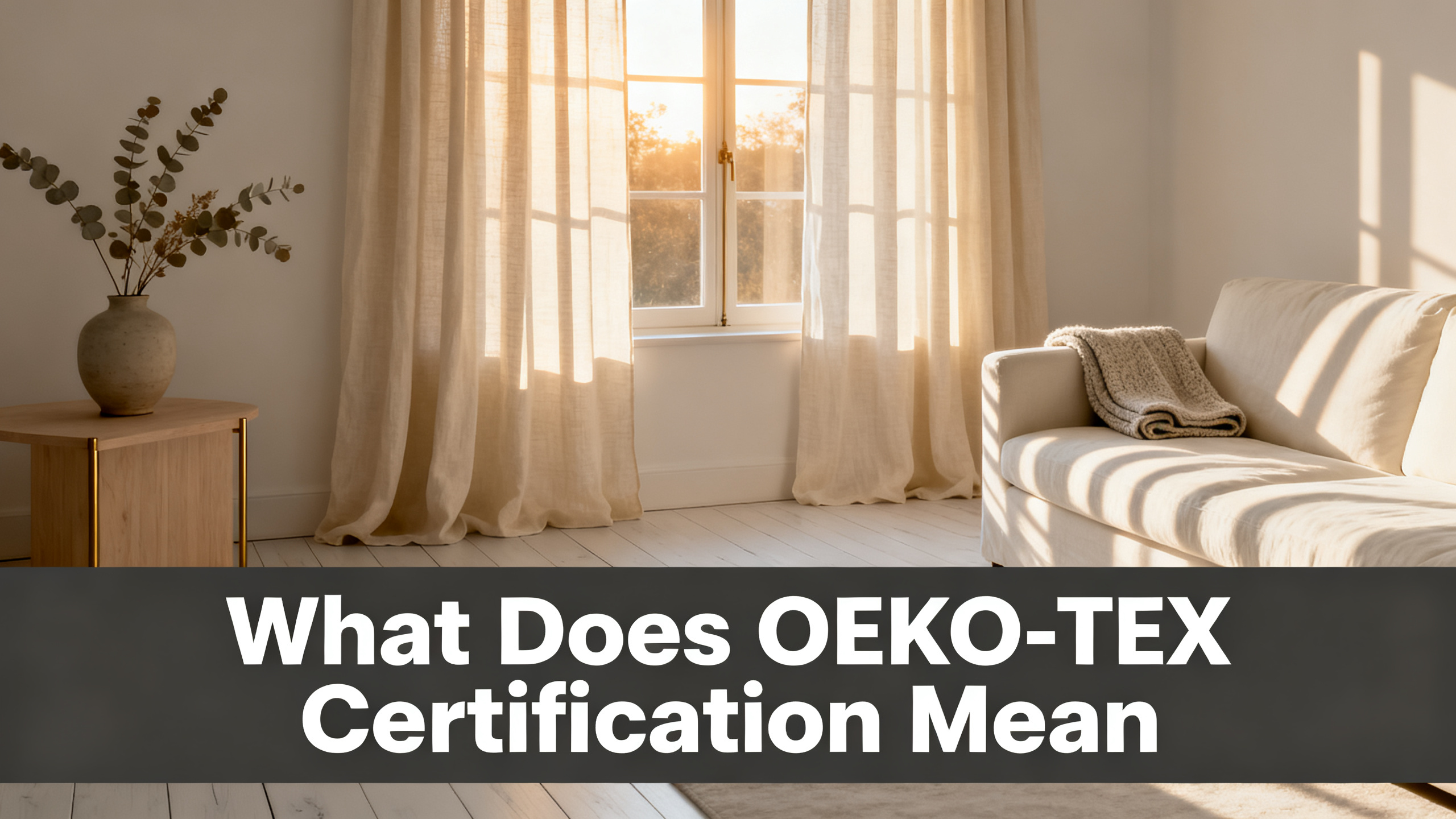 Scandinavian-modern interior at golden hour with window treatment, neutral palette, editorial home photography for What Does OEKO-TEX Certification Mean