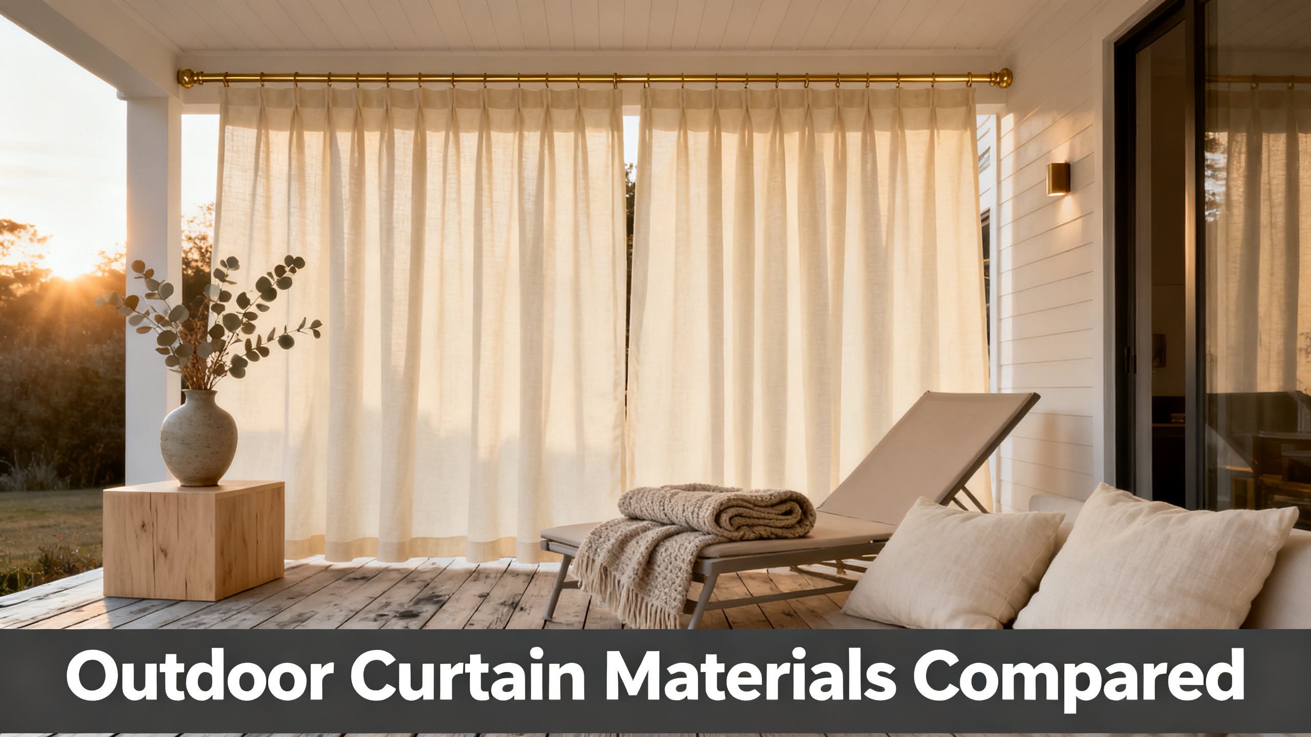 Scandinavian-modern interior at golden hour with window treatment, neutral palette, editorial home photography for Outdoor Curtain Materials Compared