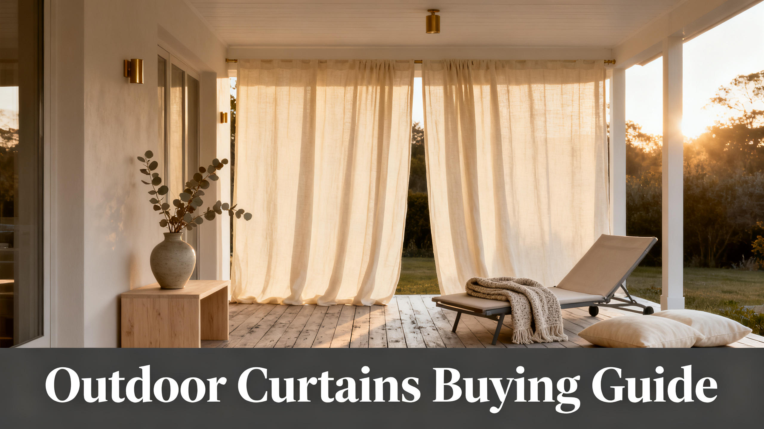 Scandinavian-modern interior at golden hour with window treatment, neutral palette, editorial home photography for Outdoor Curtains Buying Guide