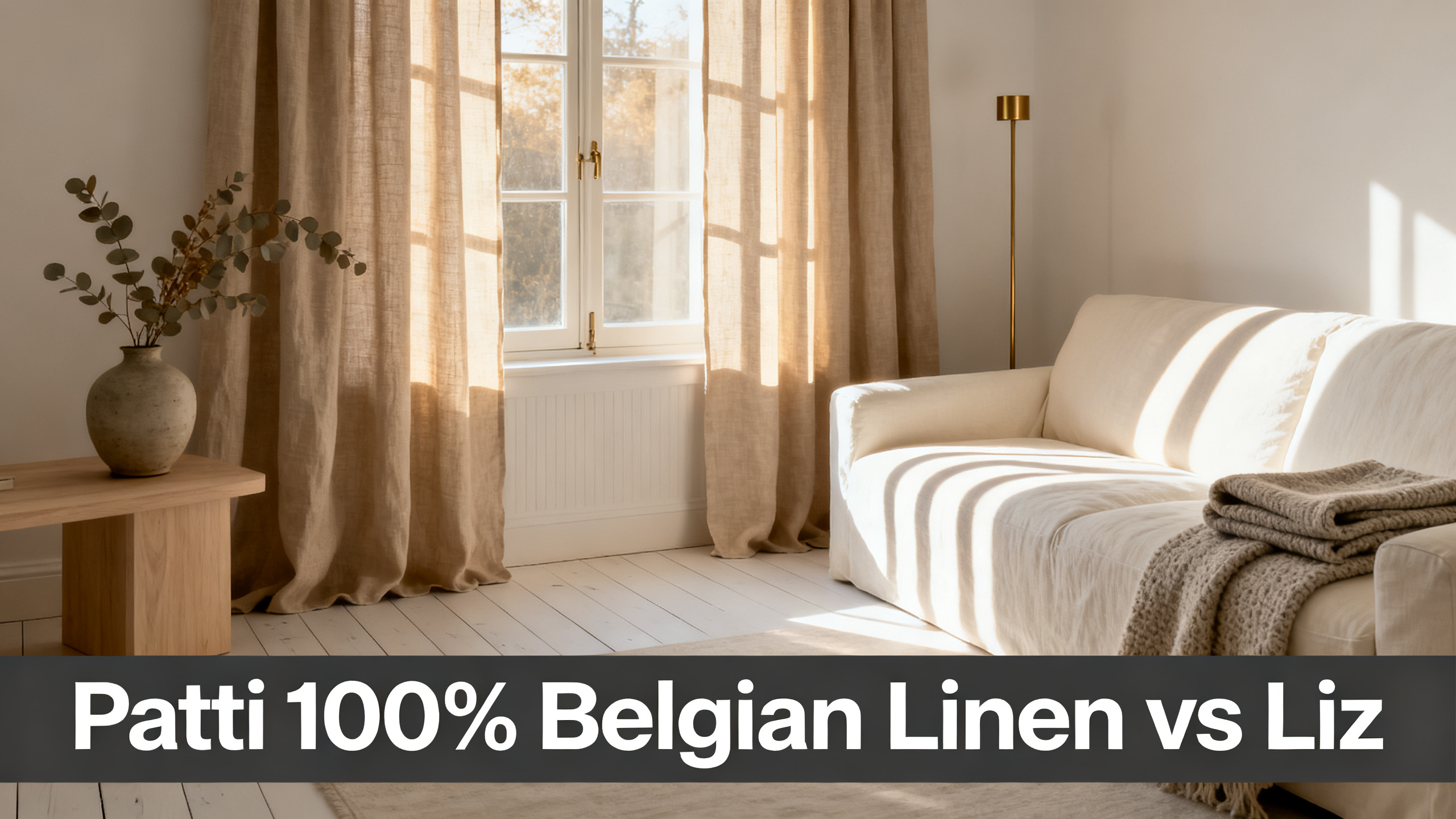 Scandinavian-modern interior at golden hour with window treatment, neutral palette, editorial home photography for Patti 100% Belgian Linen vs Liz