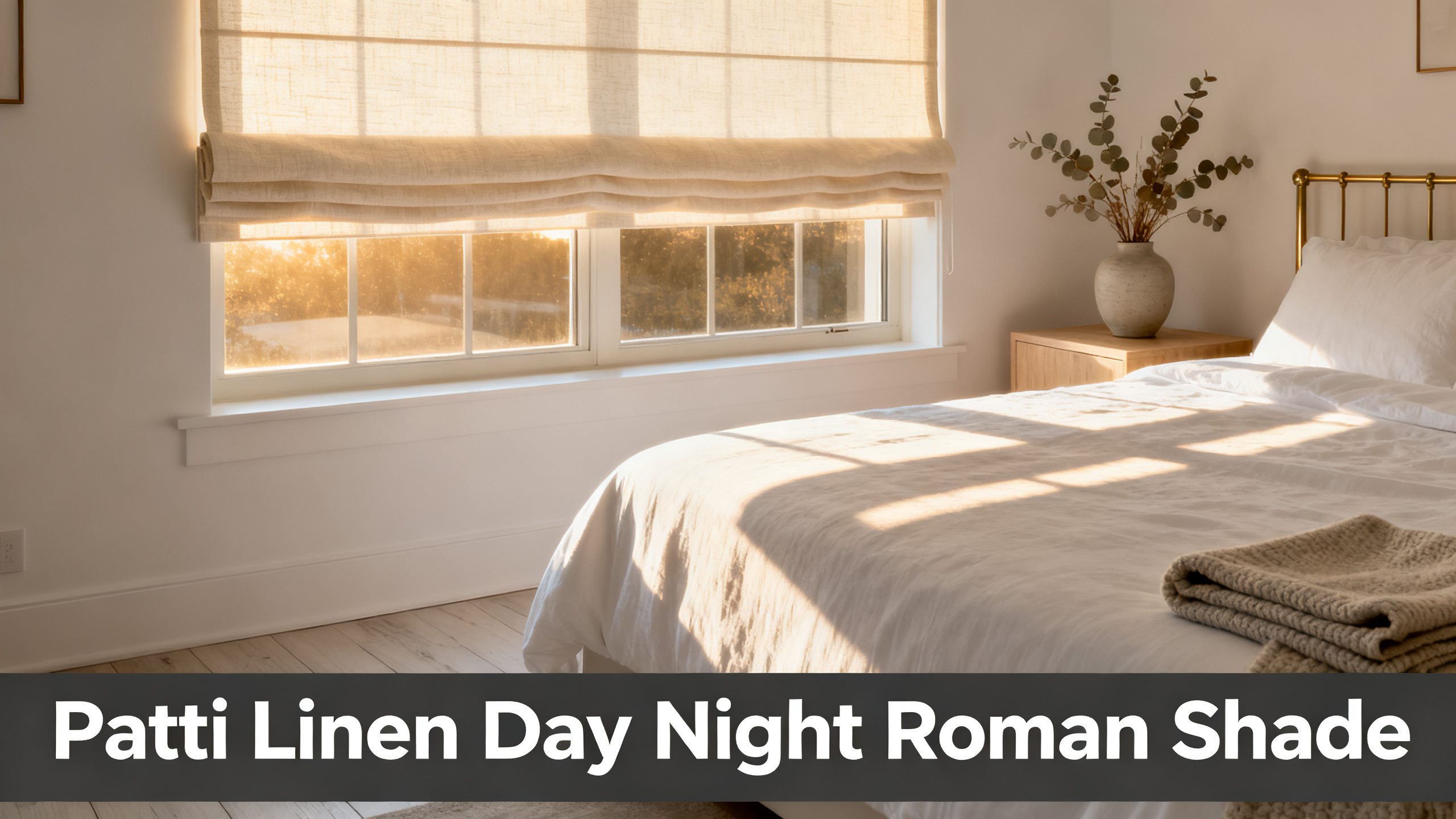 Scandinavian-modern interior at golden hour with window treatment, neutral palette, editorial home photography for Patti Linen Day Night Roman Shade