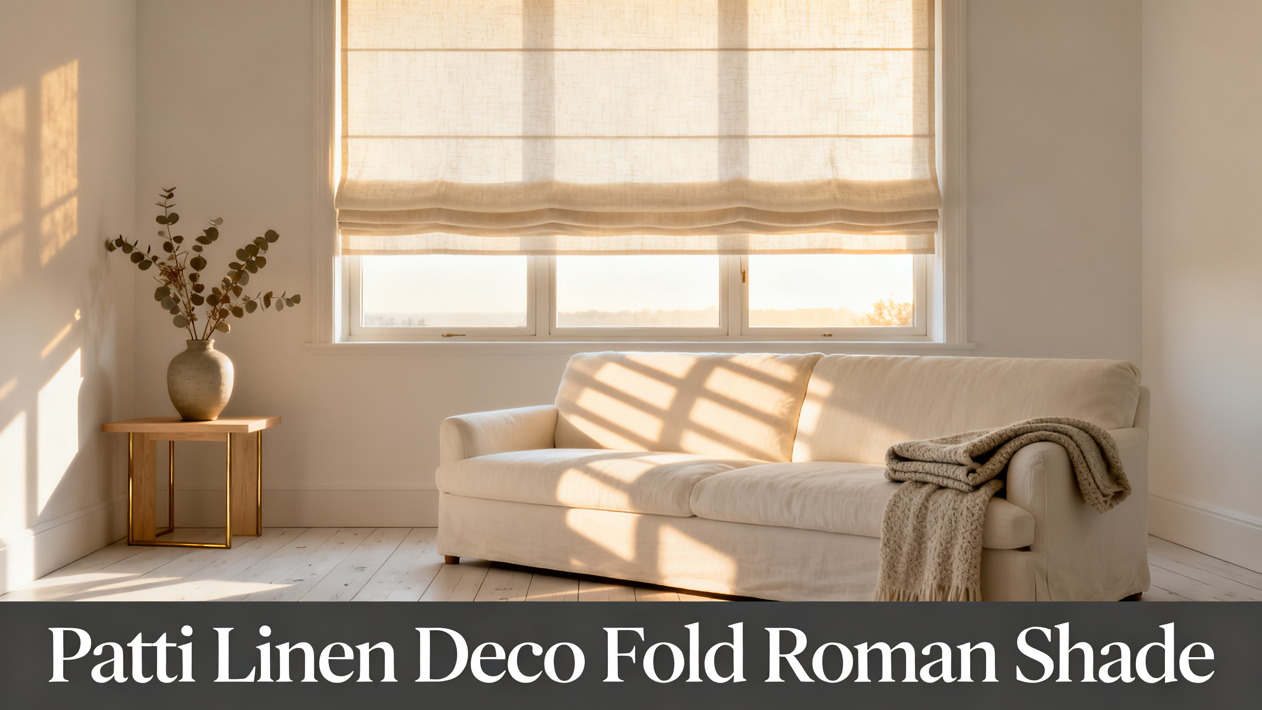 Scandinavian-modern interior at golden hour with window treatment, neutral palette, editorial home photography for Patti Linen Deco Fold Roman Shade