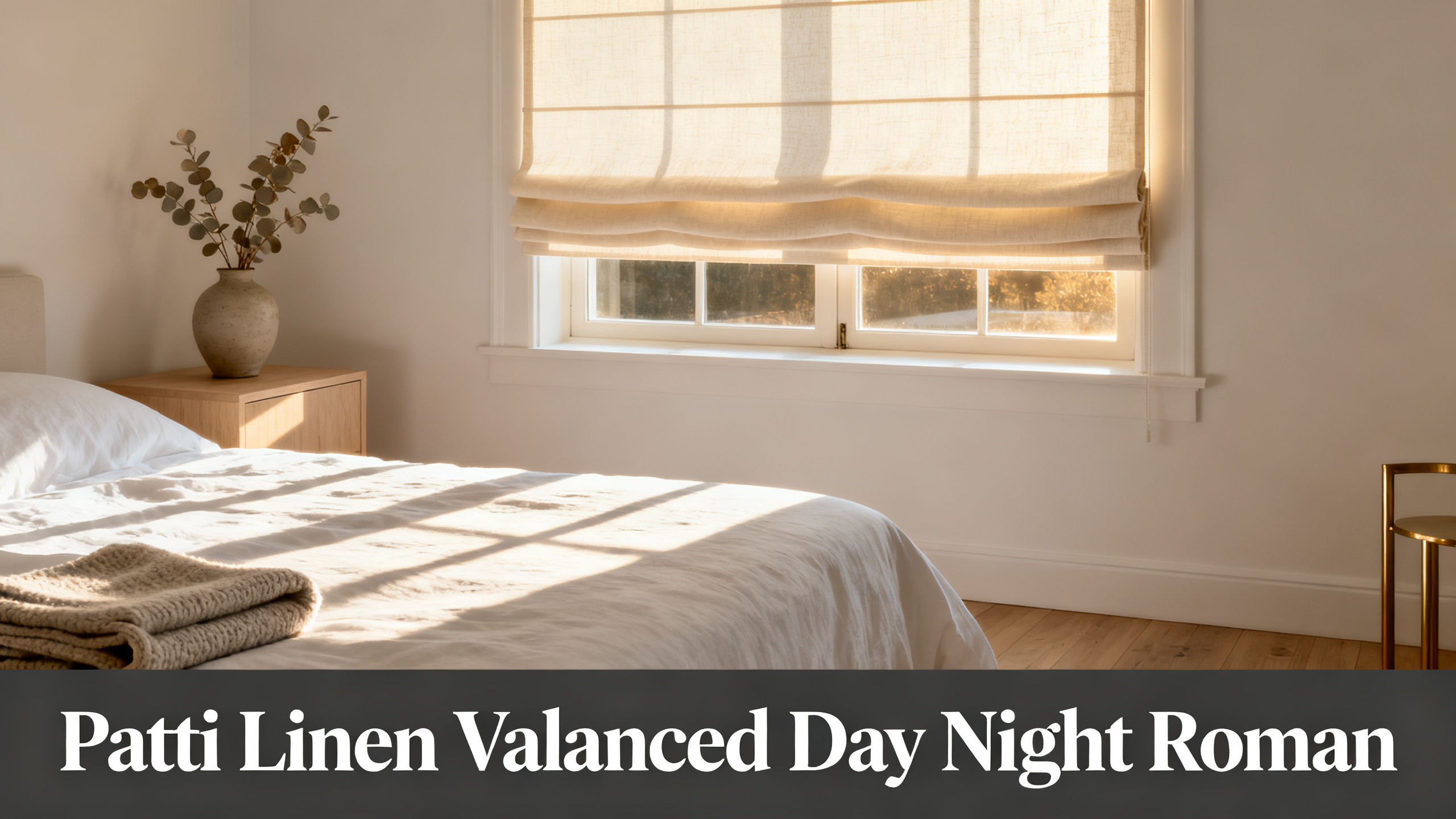 Scandinavian-modern interior at golden hour with window treatment, neutral palette, editorial home photography for Patti Linen Valanced Day Night Roman