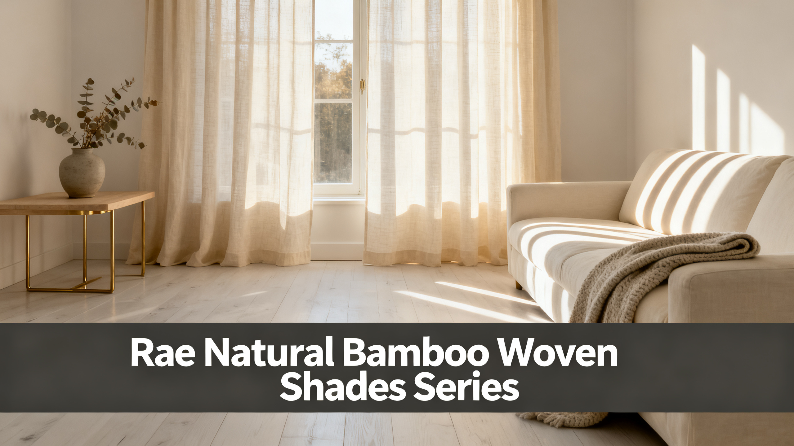 Scandinavian-modern interior at golden hour with window treatment, neutral palette, editorial home photography for Rae Natural Bamboo Woven Shades Series
