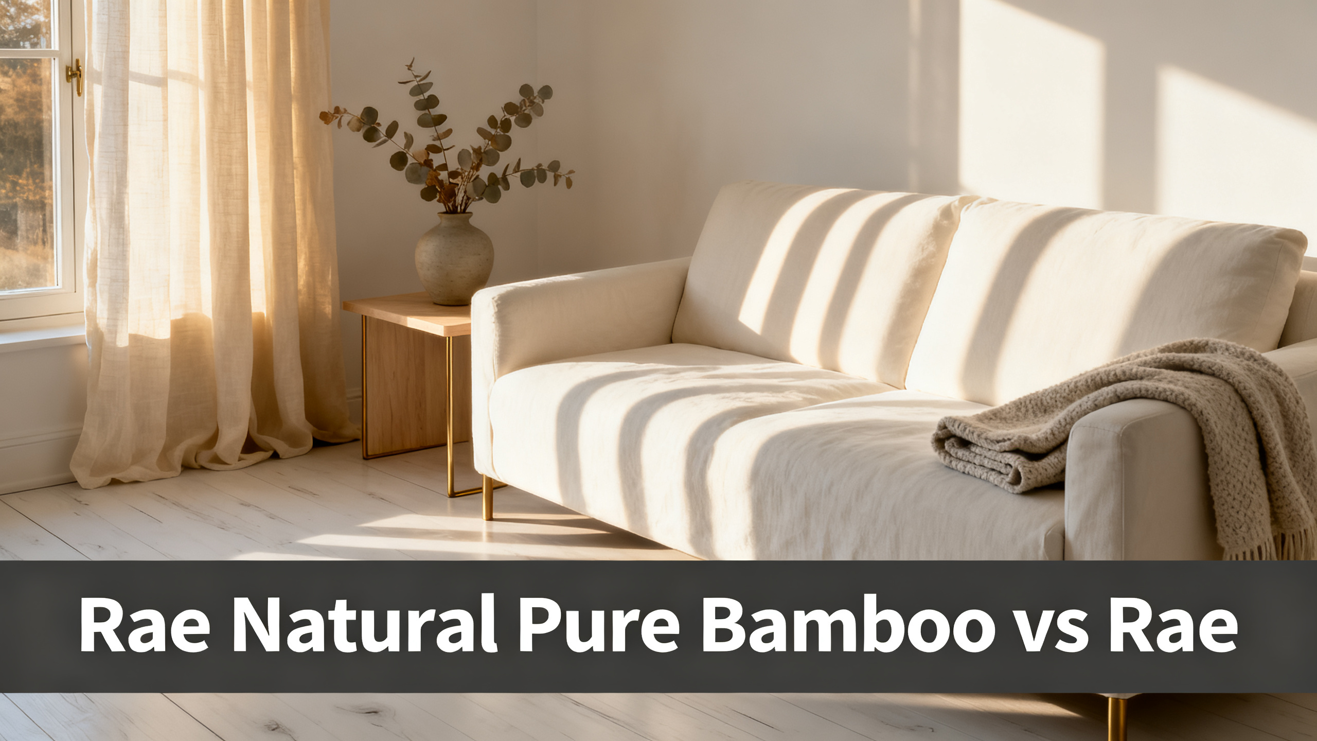 Scandinavian-modern interior at golden hour with window treatment, neutral palette, editorial home photography for Rae Natural Pure Bamboo vs Rae