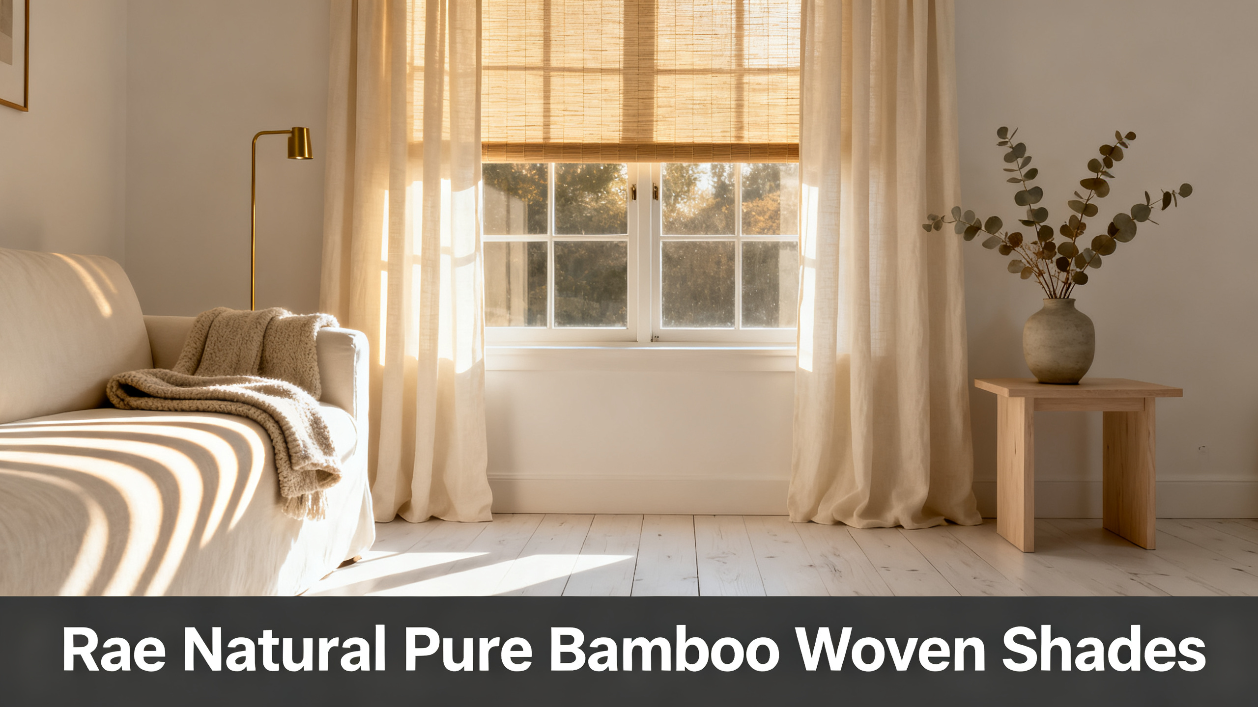 Scandinavian-modern interior at golden hour with window treatment, neutral palette, editorial home photography for Rae Natural Pure Bamboo Woven Shades