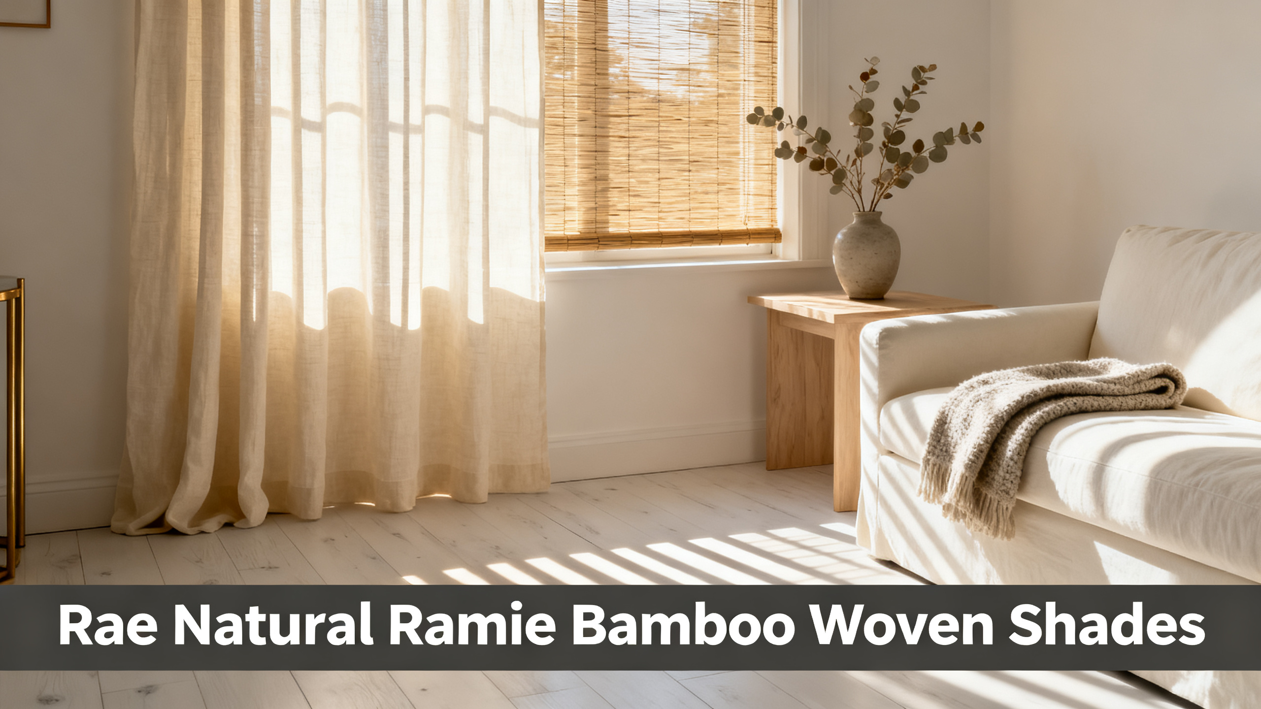 Scandinavian-modern interior at golden hour with window treatment, neutral palette, editorial home photography for Rae Natural Ramie Bamboo Woven Shades