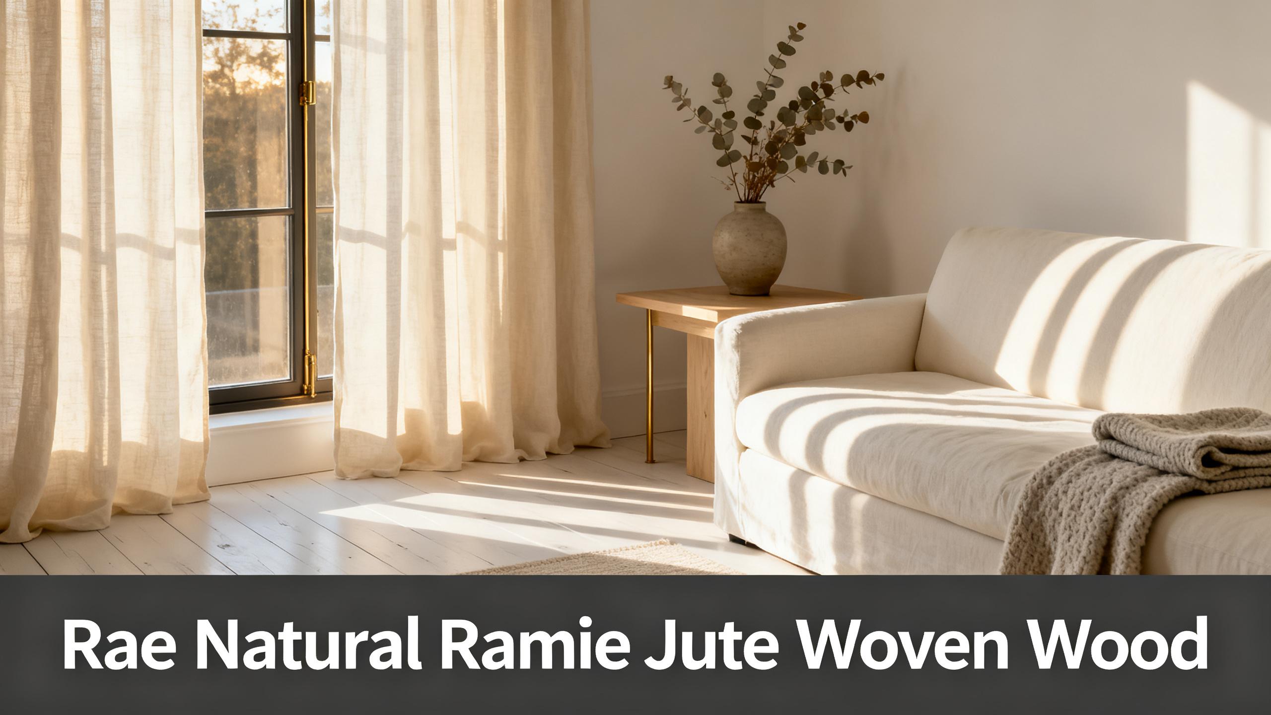 Scandinavian-modern interior at golden hour with window treatment, neutral palette, editorial home photography for Rae Natural Ramie Jute Woven Wood