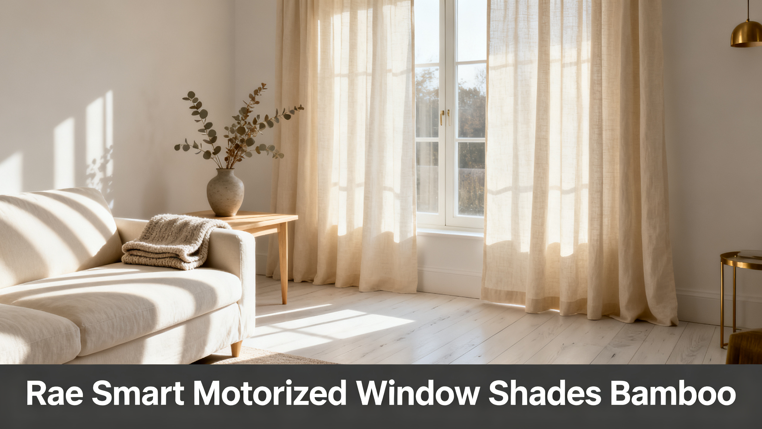 Scandinavian-modern interior at golden hour with window treatment, neutral palette, editorial home photography for Rae Smart Motorized Window Shades Bamboo