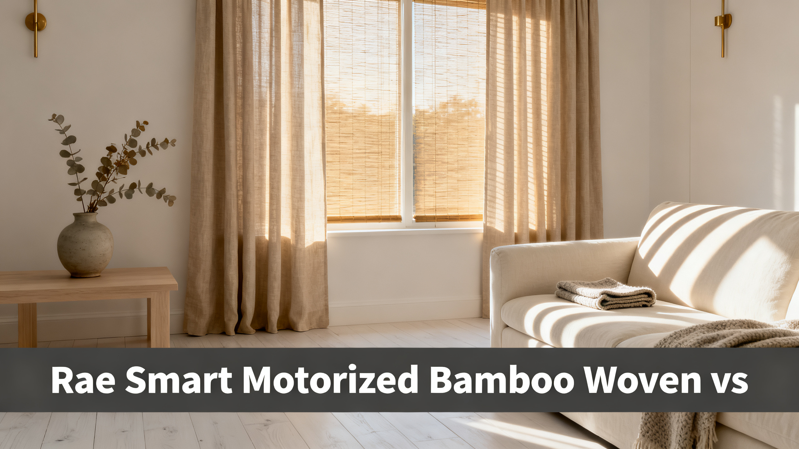 Scandinavian-modern interior at golden hour with window treatment, neutral palette, editorial home photography for Rae Smart Motorized Bamboo Woven vs