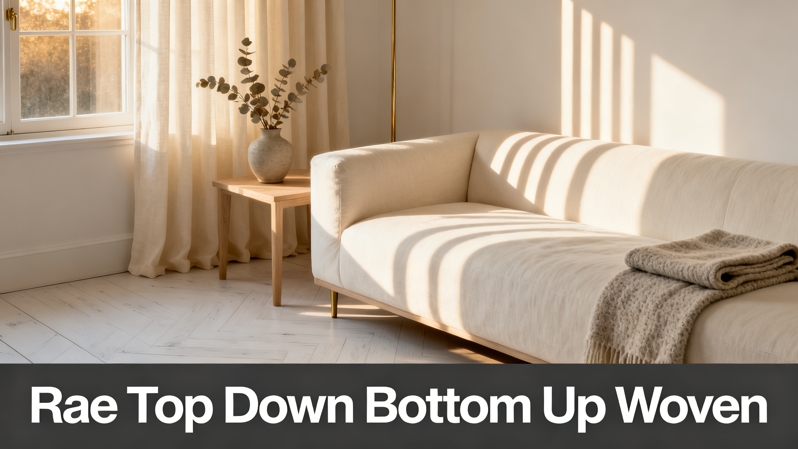 Scandinavian-modern interior at golden hour with window treatment, neutral palette, editorial home photography for Rae Top Down Bottom Up Woven