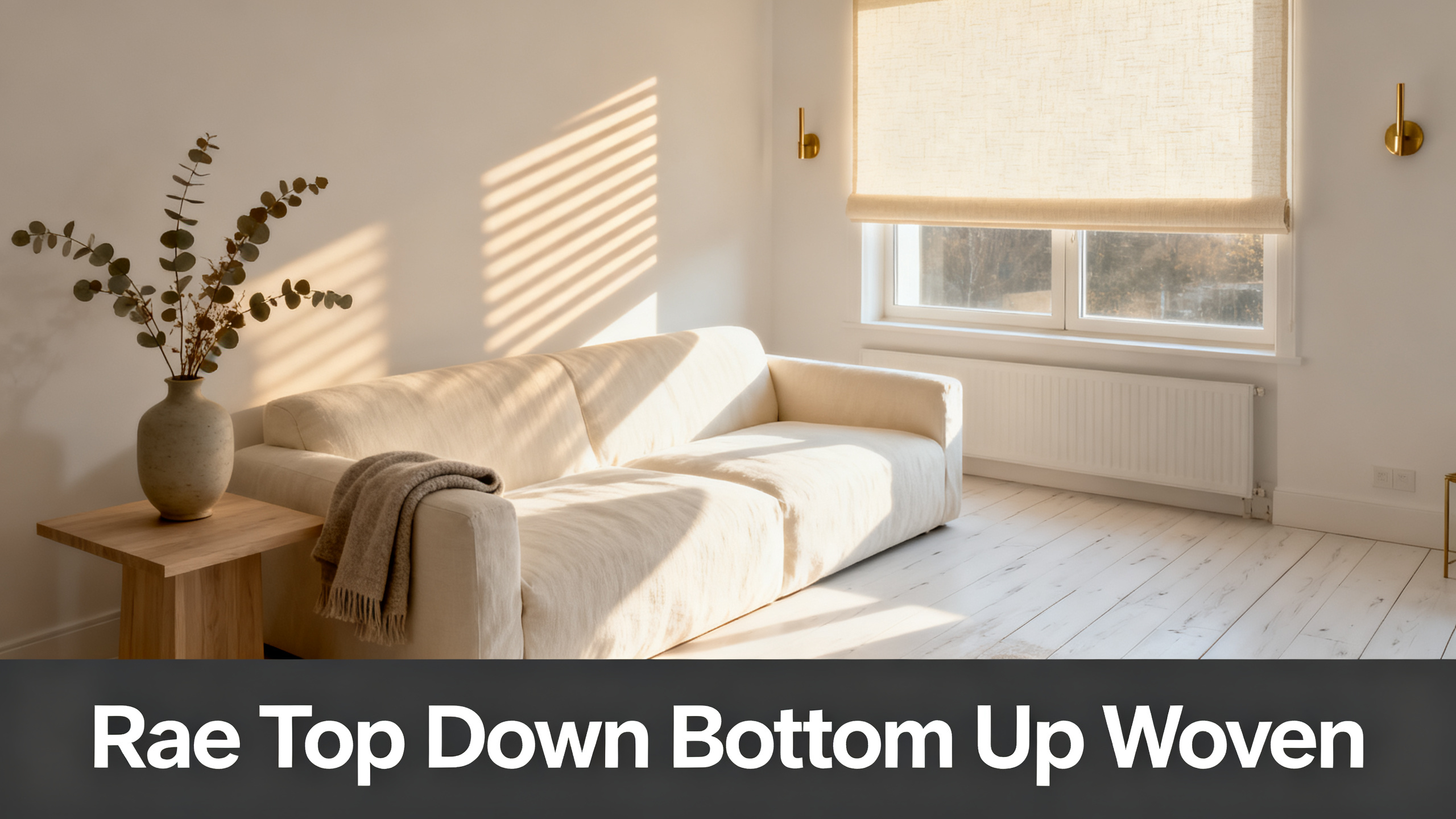 Scandinavian-modern interior at golden hour with window treatment, neutral palette, editorial home photography for Rae Top Down Bottom Up Woven