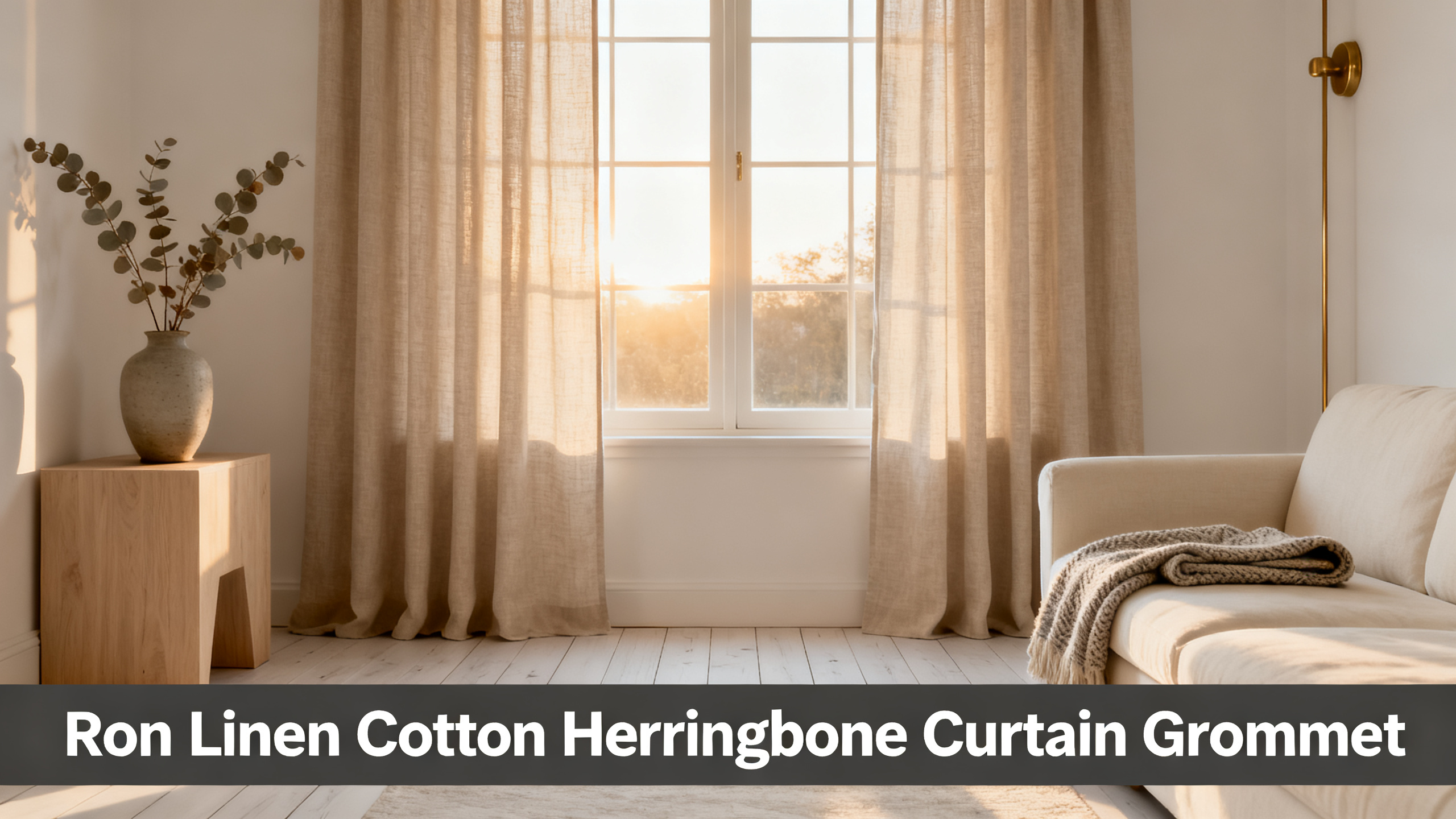 Scandinavian-modern interior at golden hour with window treatment, neutral palette, editorial home photography for Ron Linen Cotton Herringbone Curtain Grommet