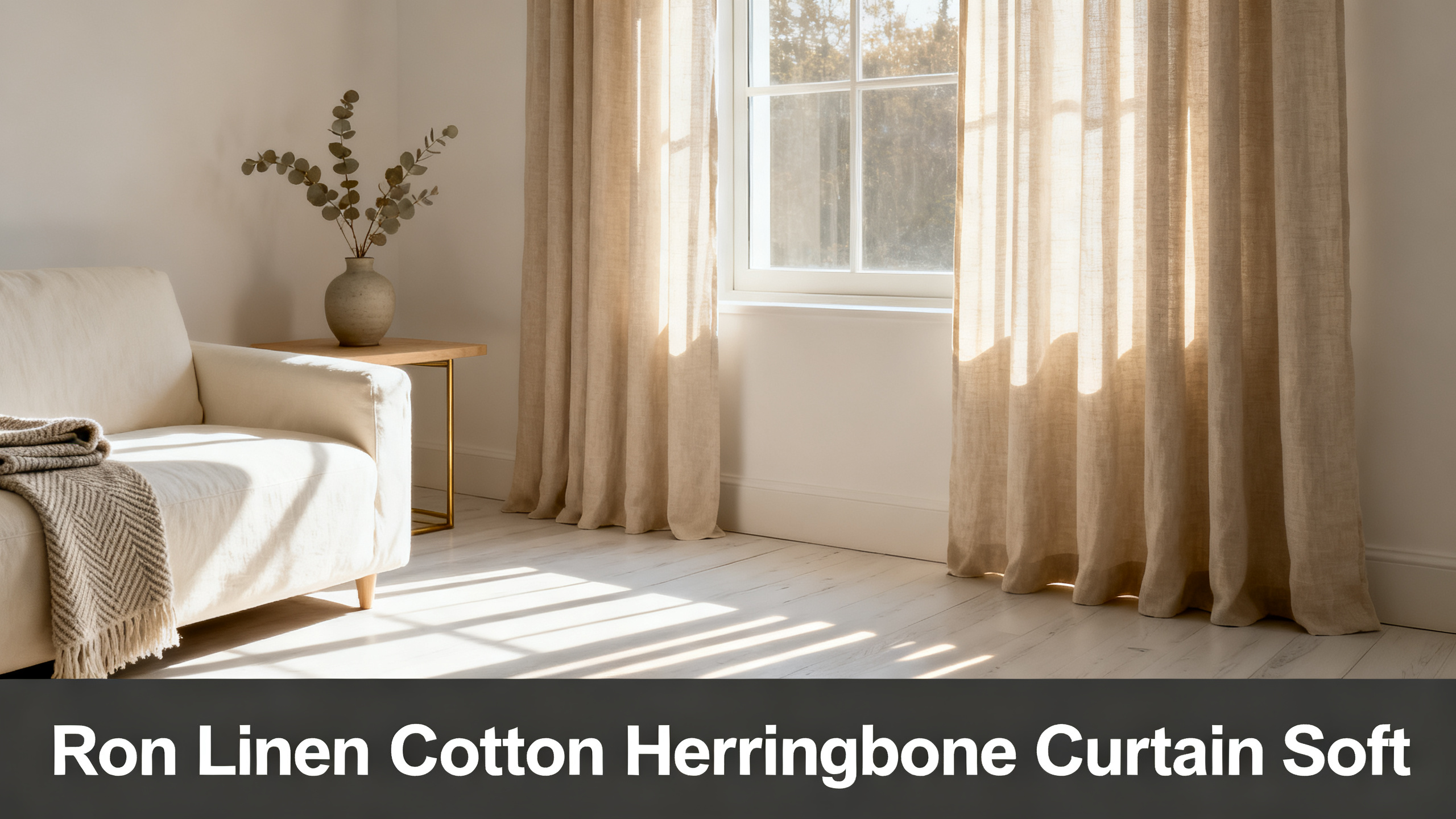 Scandinavian-modern interior at golden hour with window treatment, neutral palette, editorial home photography for Ron Linen Cotton Herringbone Curtain Soft