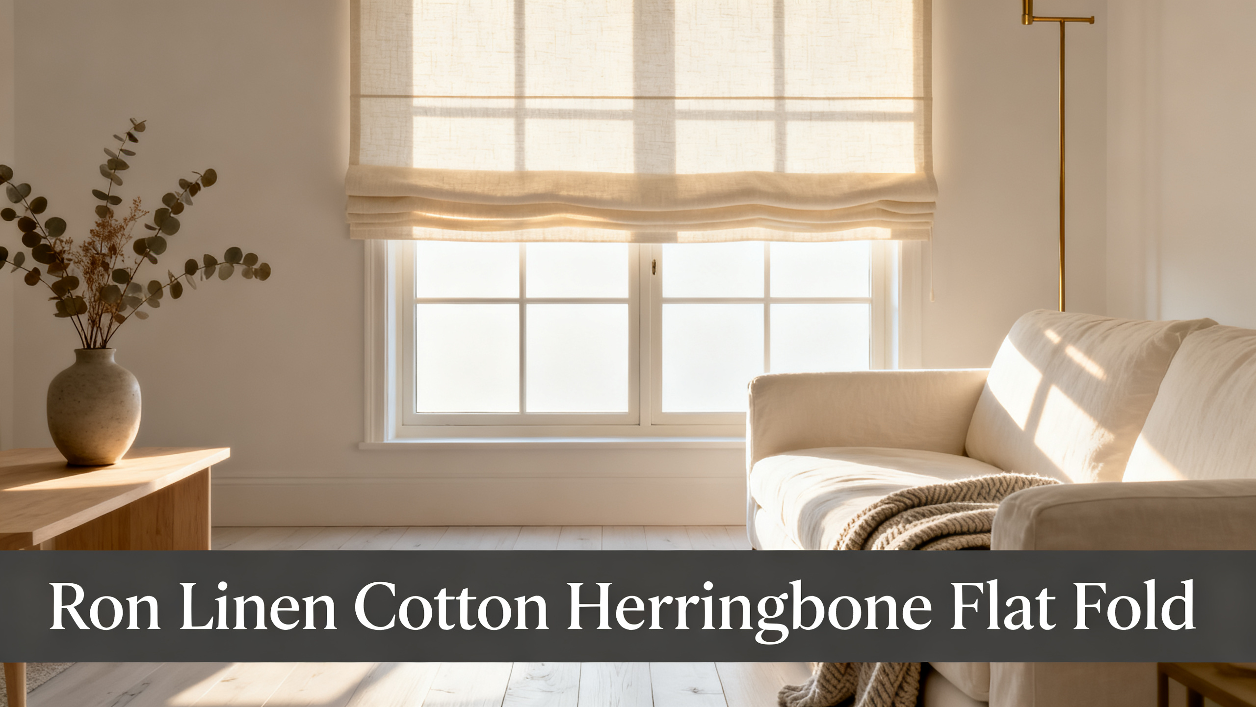 Scandinavian-modern interior at golden hour with window treatment, neutral palette, editorial home photography for Ron Linen Cotton Herringbone Flat Fold