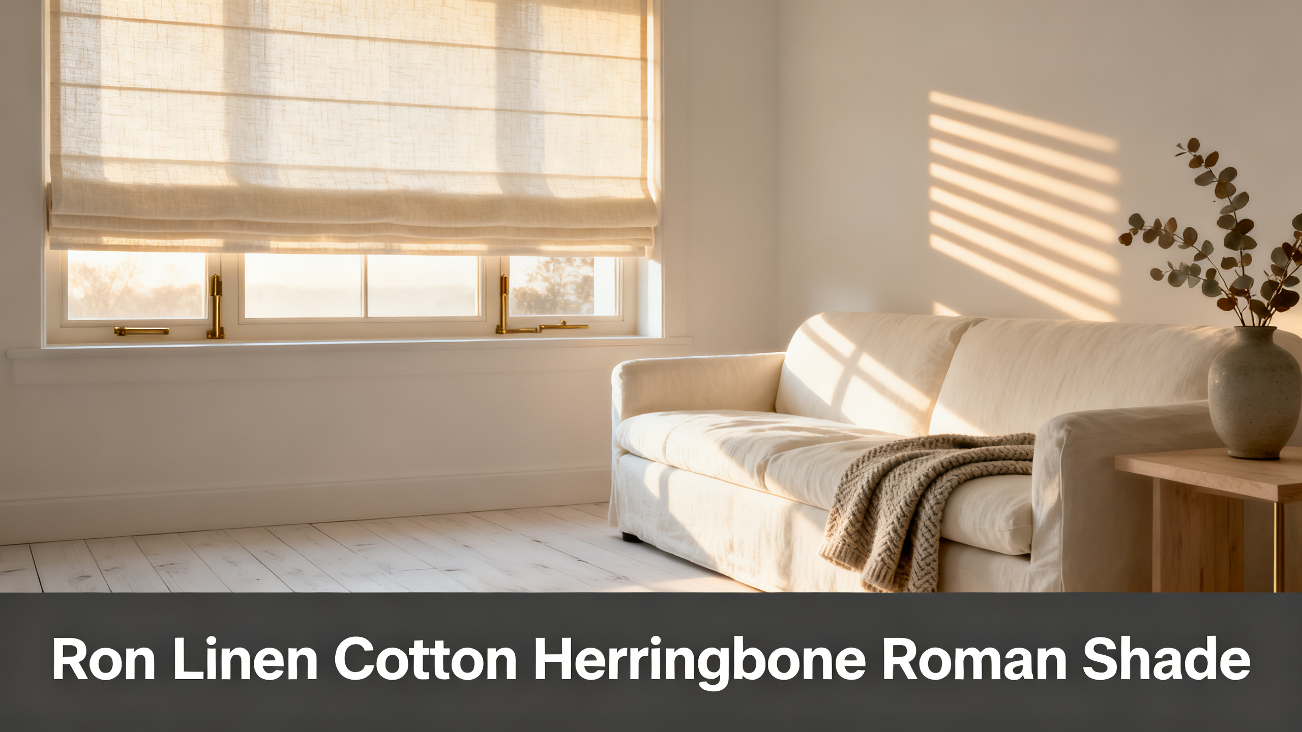 Scandinavian-modern interior at golden hour with window treatment, neutral palette, editorial home photography for Ron Linen Cotton Herringbone Roman Shade