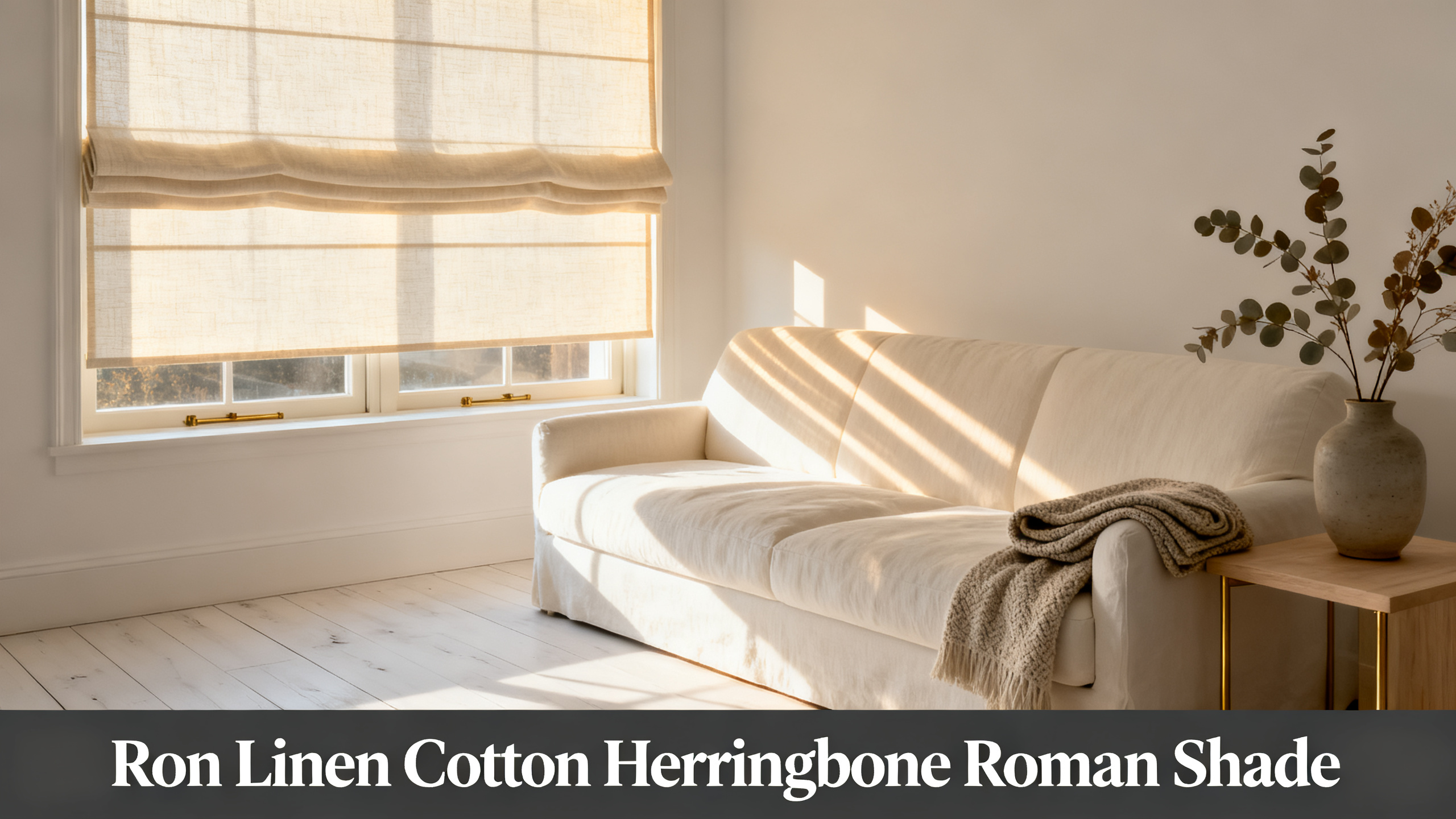 Scandinavian-modern interior at golden hour with window treatment, neutral palette, editorial home photography for Ron Linen Cotton Herringbone Roman Shade