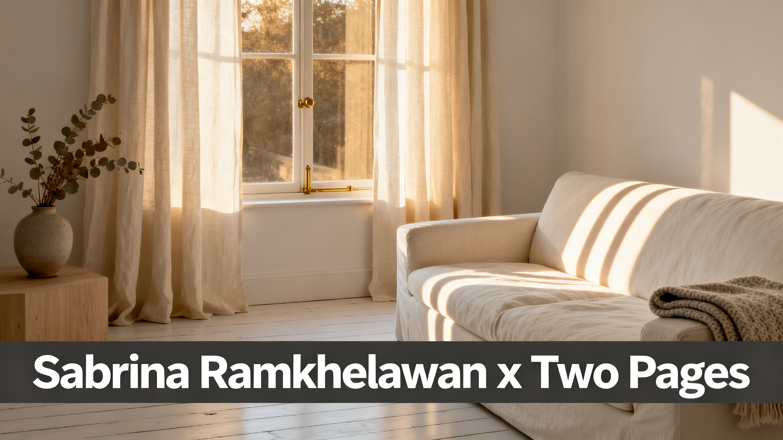 Scandinavian-modern interior at golden hour with window treatment, neutral palette, editorial home photography for Sabrina Ramkhelawan x Two Pages