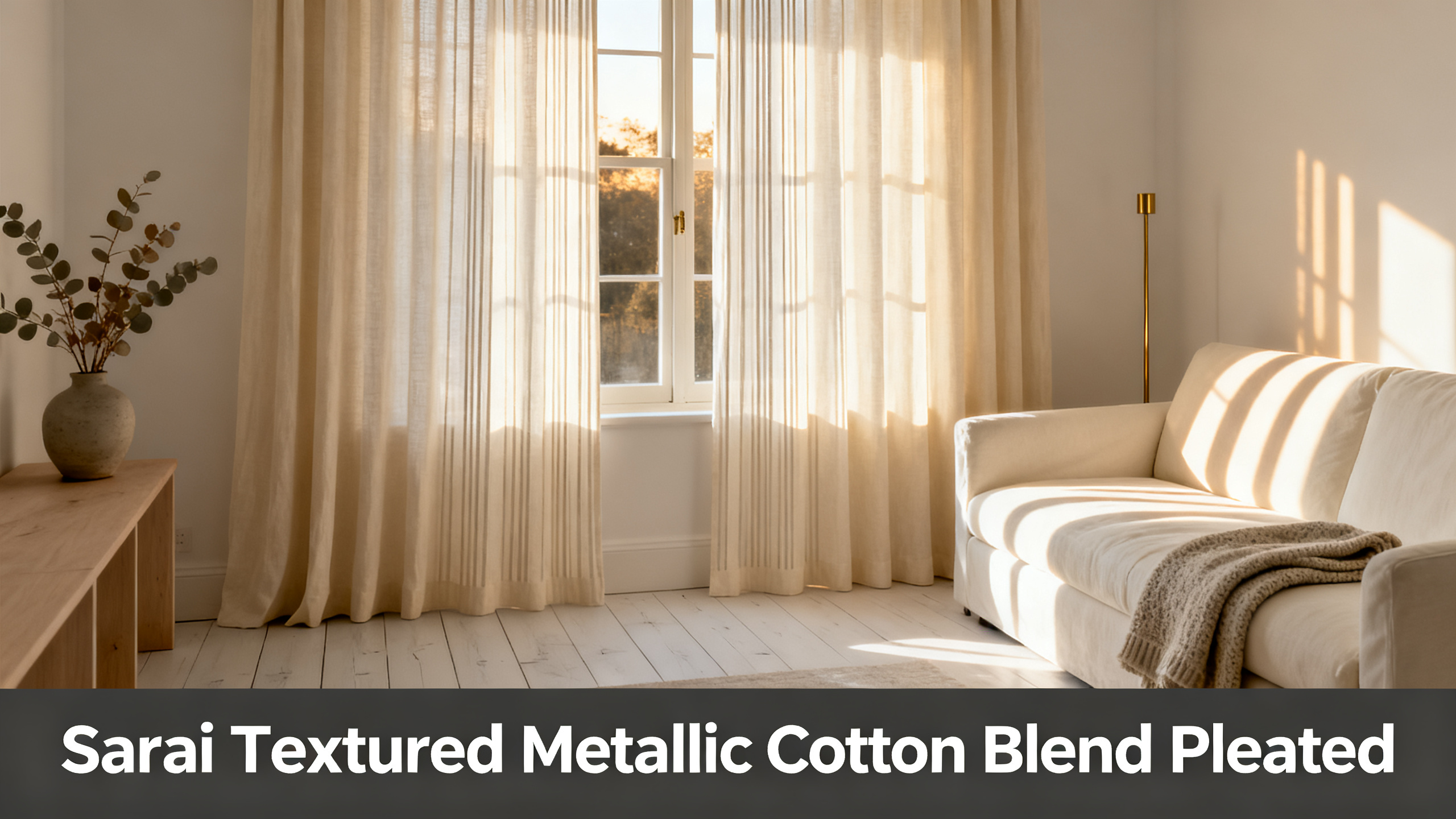 Scandinavian-modern interior at golden hour with window treatment, neutral palette, editorial home photography for Sarai Textured Metallic Cotton Blend Pleated