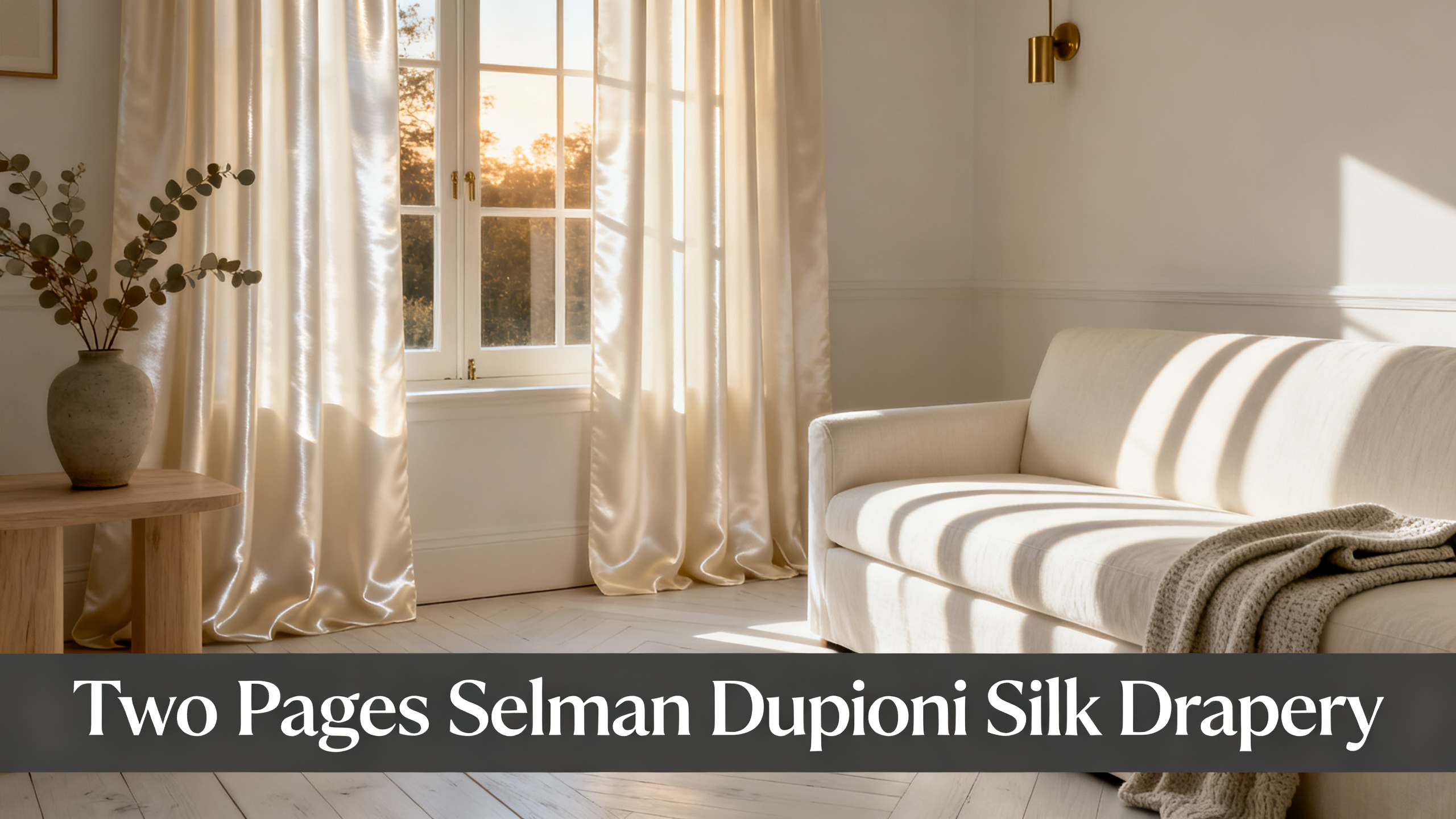 Scandinavian-modern interior at golden hour with window treatment, neutral palette, editorial home photography for Two Pages Selman Dupioni Silk Drapery