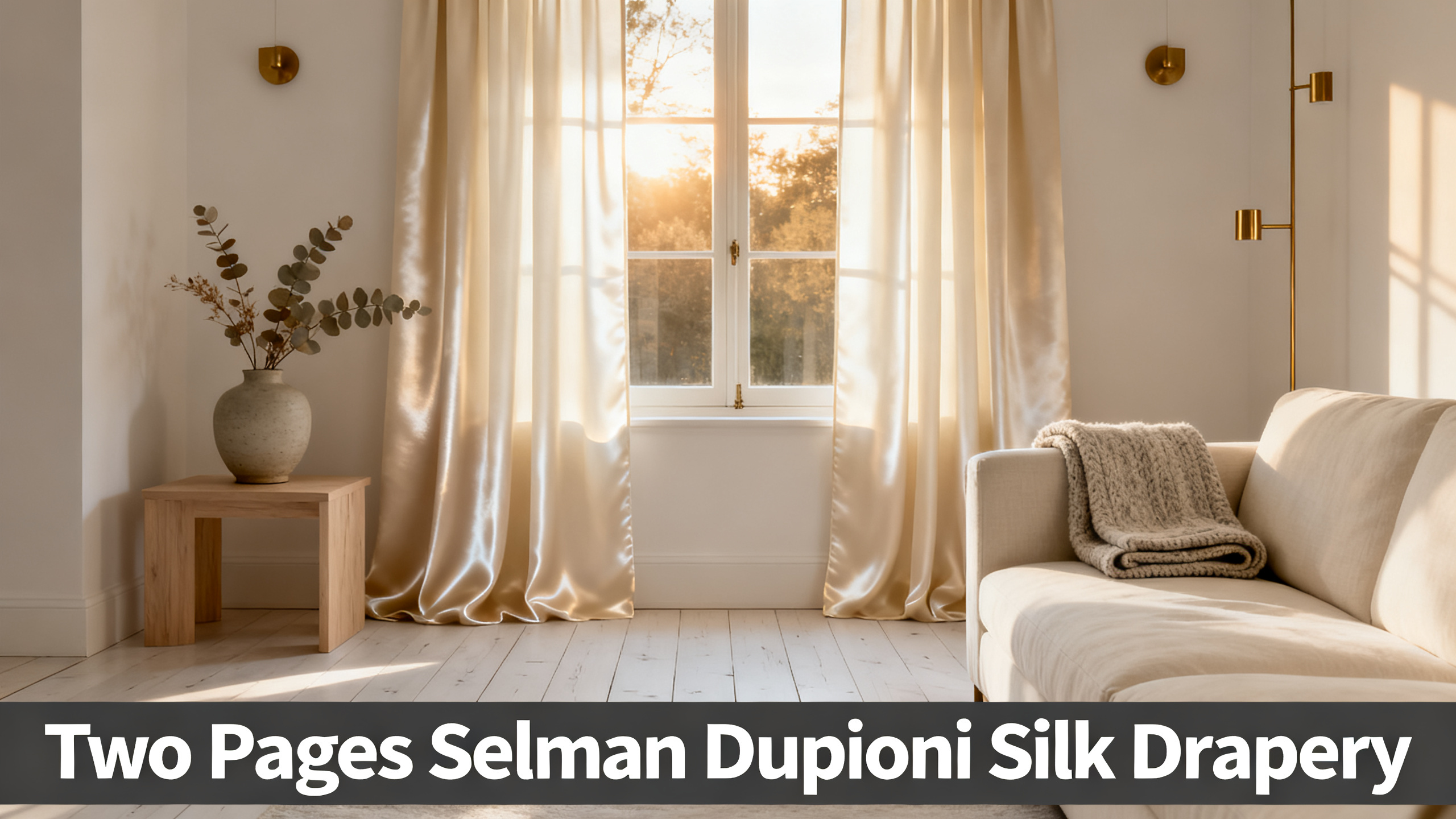 Scandinavian-modern interior at golden hour with window treatment, neutral palette, editorial home photography for Two Pages Selman Dupioni Silk Drapery