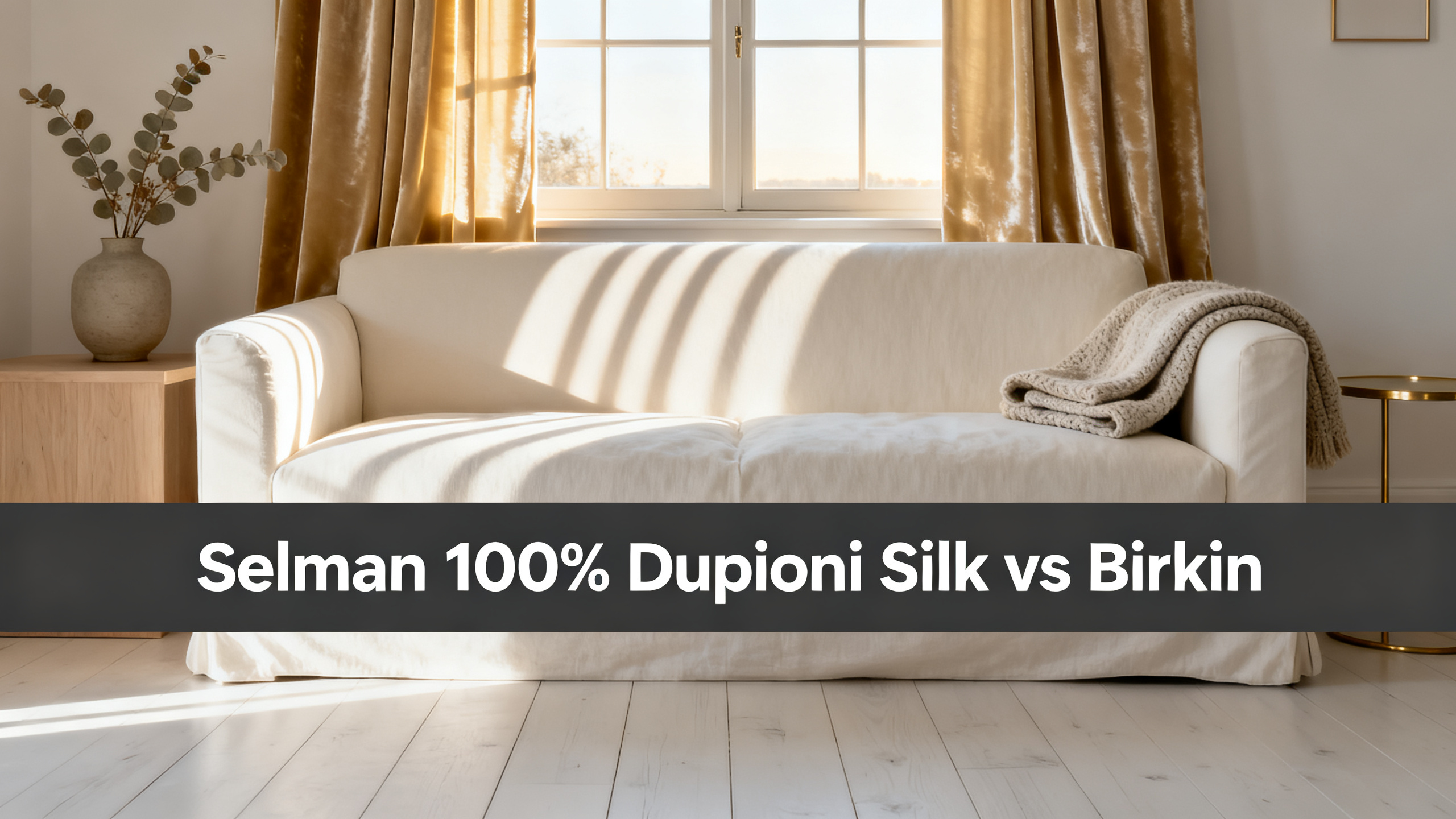 Scandinavian-modern interior at golden hour with window treatment, neutral palette, editorial home photography for Selman 100% Dupioni Silk vs Birkin