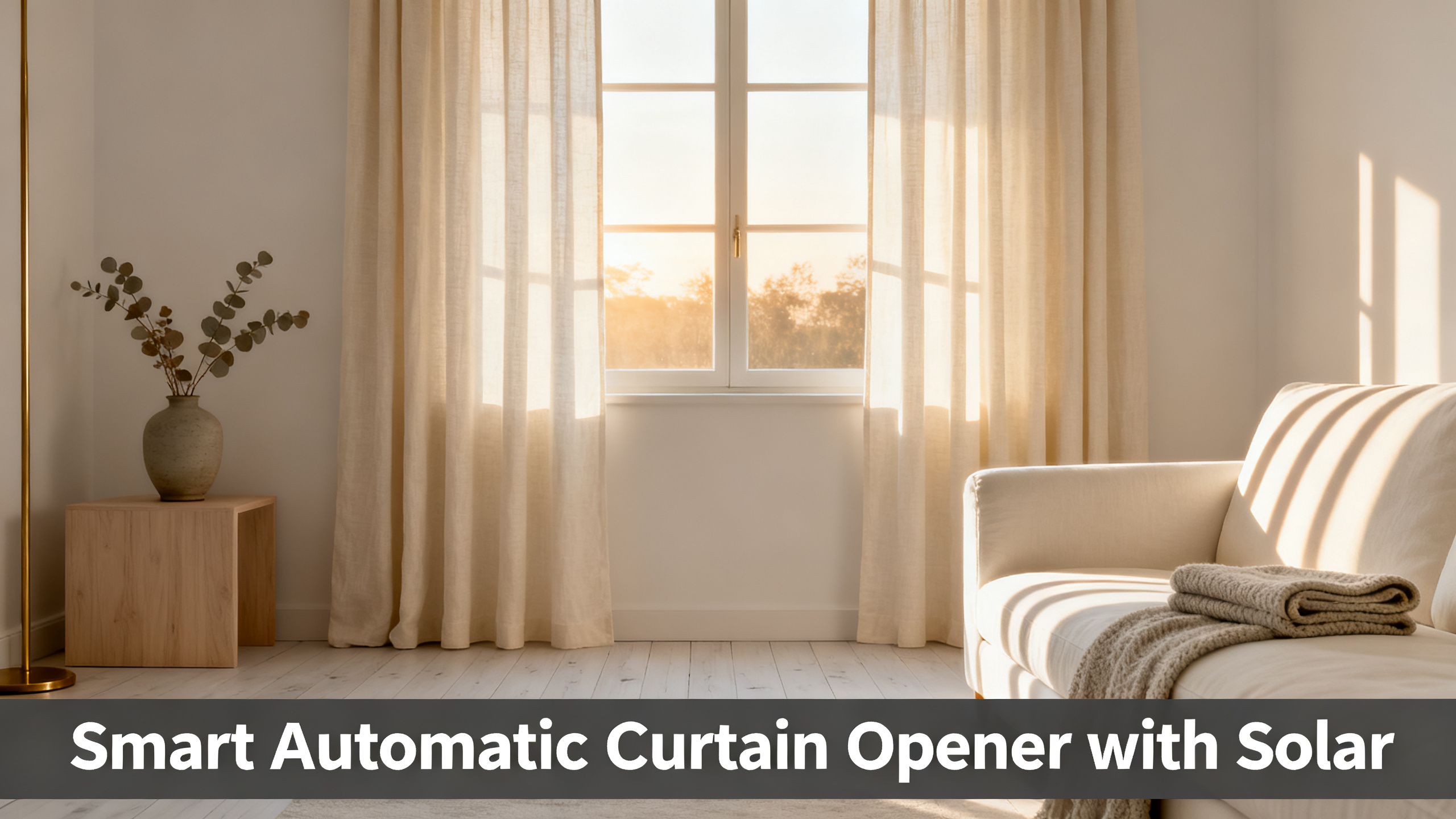 Scandinavian-modern interior at golden hour with window treatment, neutral palette, editorial home photography for Smart Automatic Curtain Opener with Solar