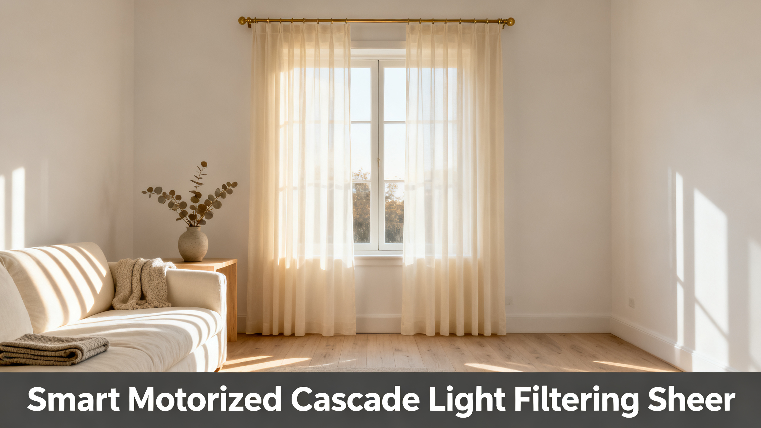 Scandinavian-modern interior at golden hour with window treatment, neutral palette, editorial home photography for Smart Motorized Cascade Light Filtering Sheer