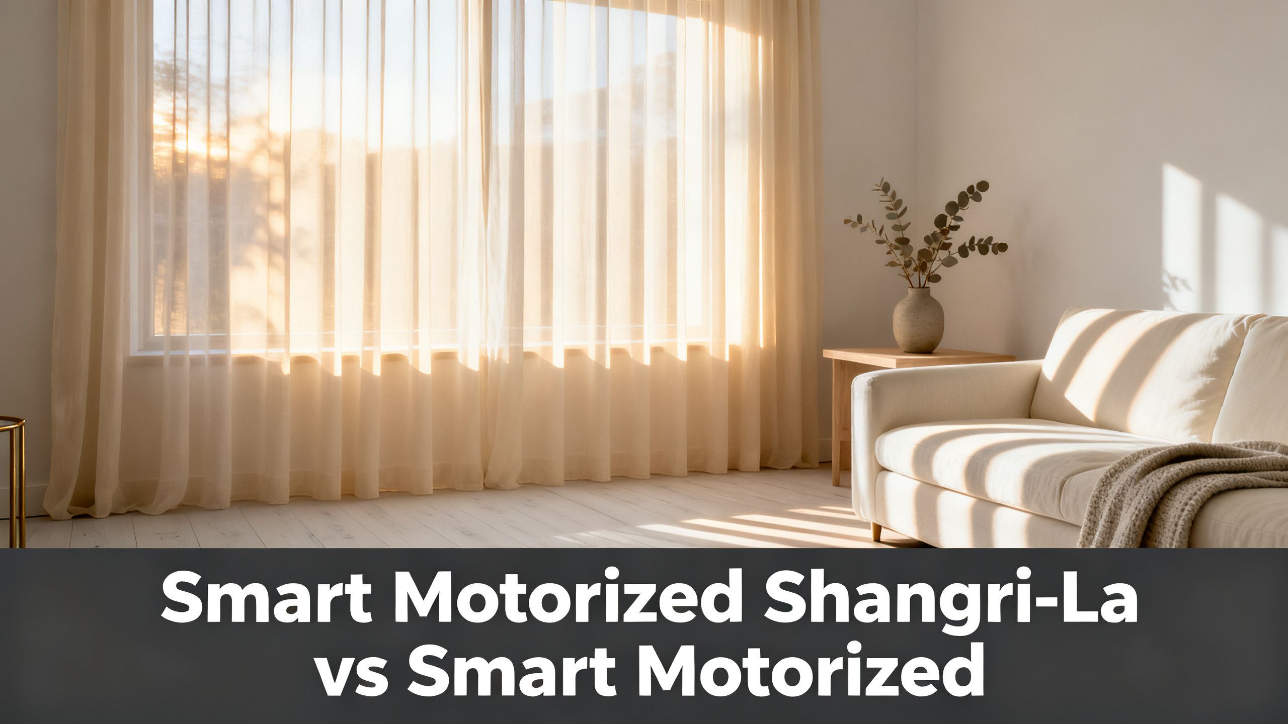 Scandinavian-modern interior at golden hour with window treatment, neutral palette, editorial home photography for Smart Motorized Shangri-La vs Smart Motorized