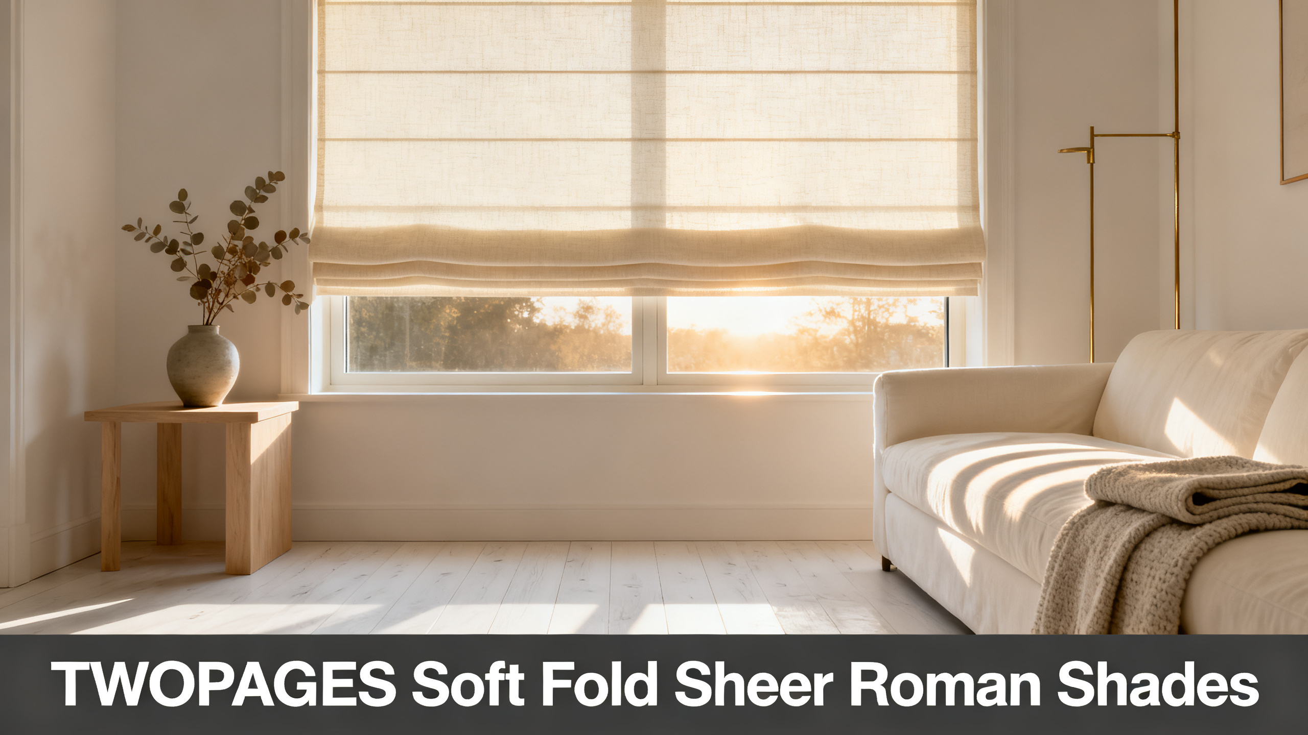 Scandinavian-modern interior at golden hour with window treatment, neutral palette, editorial home photography for TWOPAGES Soft Fold Sheer Roman Shades