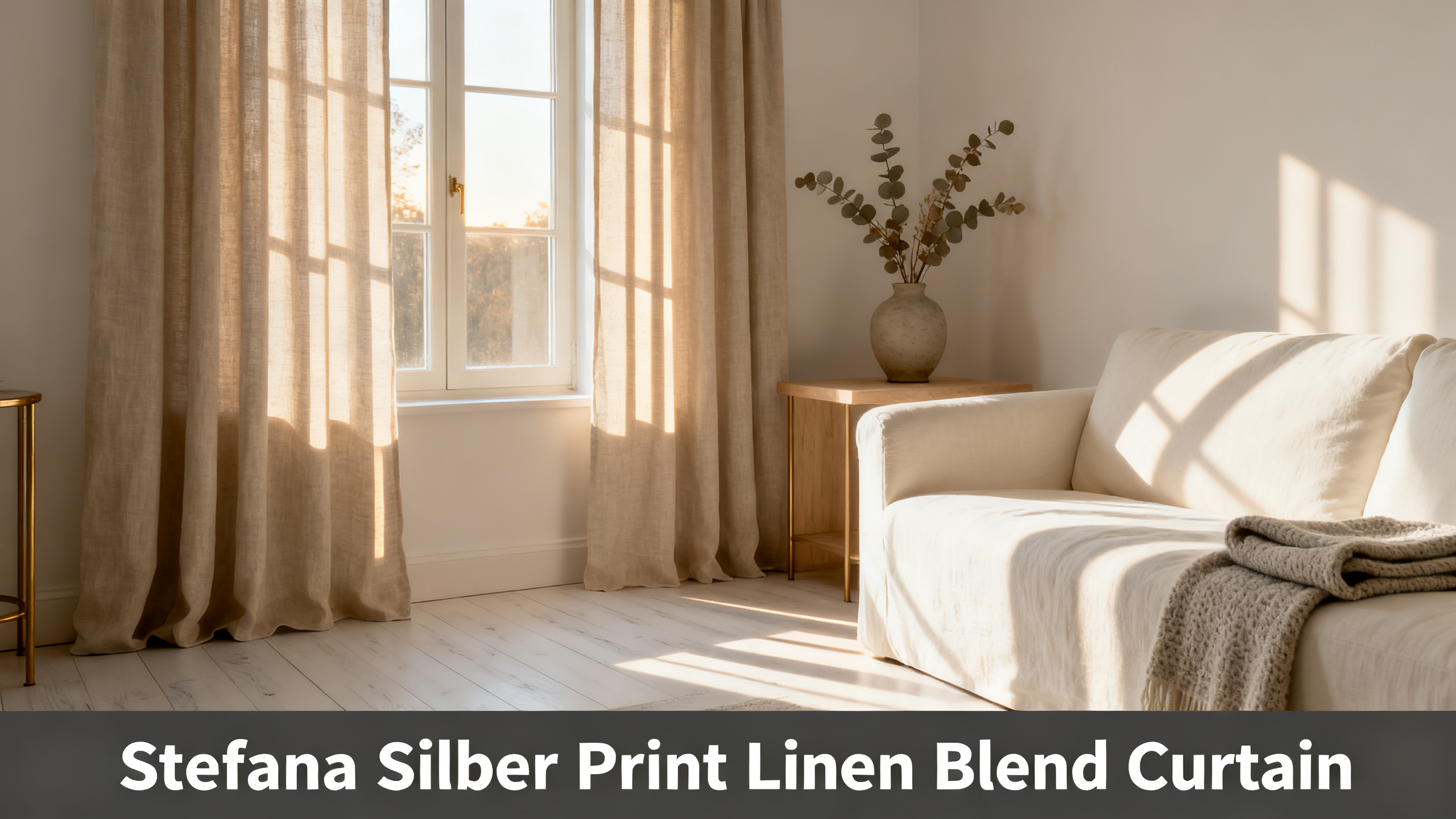 Scandinavian-modern interior at golden hour with window treatment, neutral palette, editorial home photography for Stefana Silber Print Linen Blend Curtain