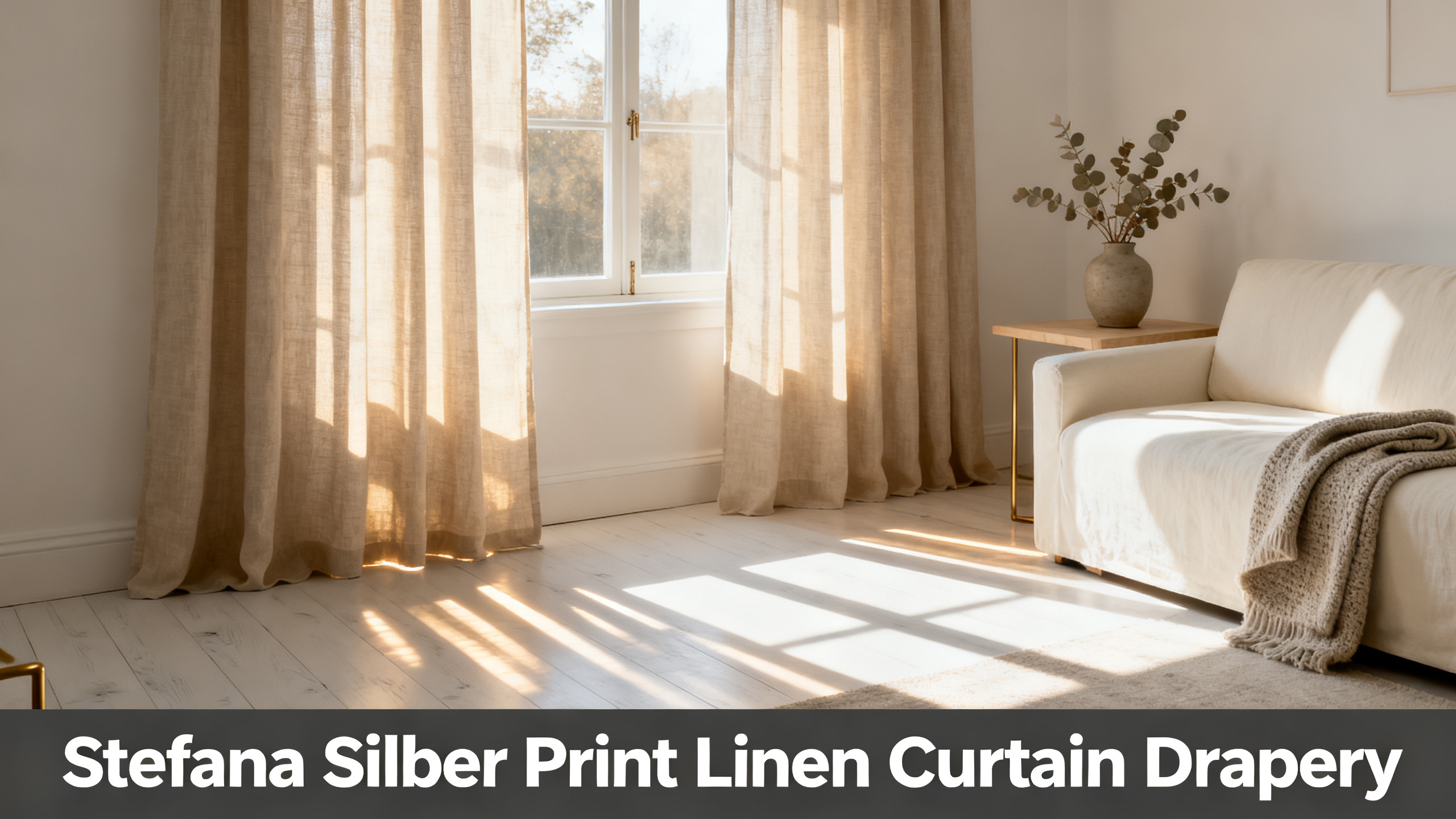 Scandinavian-modern interior at golden hour with window treatment, neutral palette, editorial home photography for Stefana Silber Print Linen Curtain Drapery